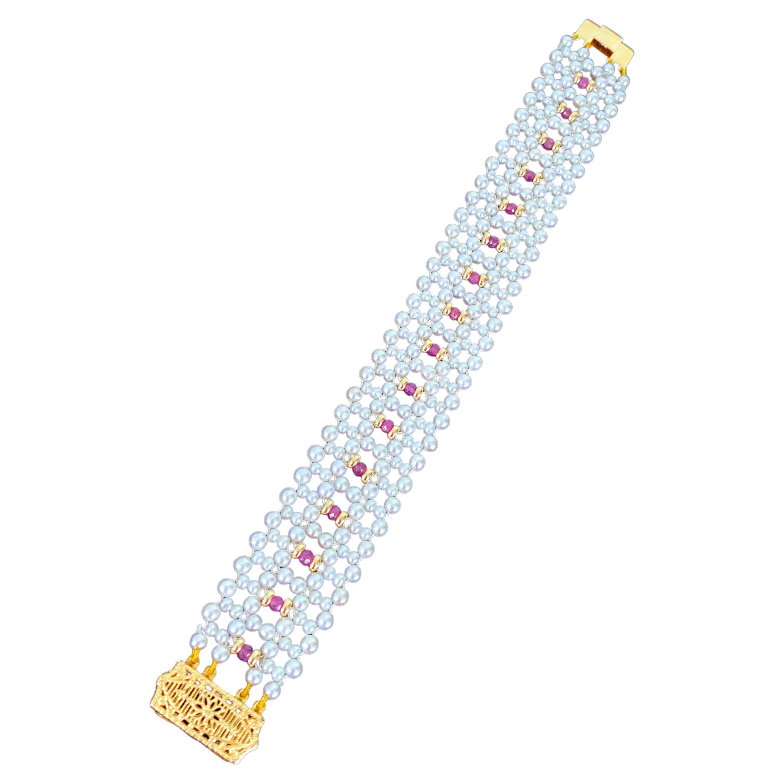 Marina J. Bracelet de perles tissées avec saphir rose et or massif 14 carats