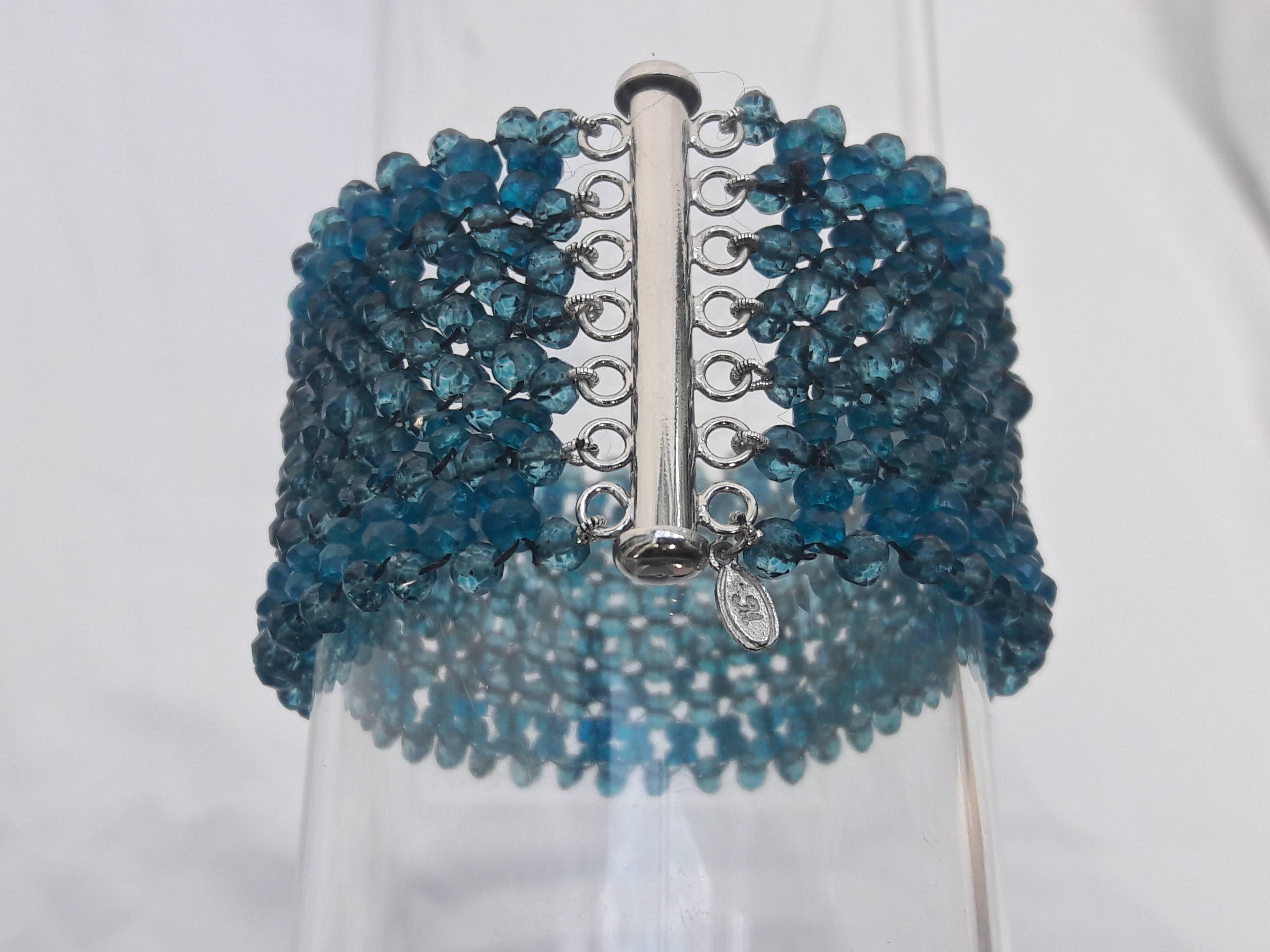 Woven London Blue Topaz & Apatite Faceted Bead Bracelet w. Sliding Silver Clasp In New Condition In Los Angeles, CA