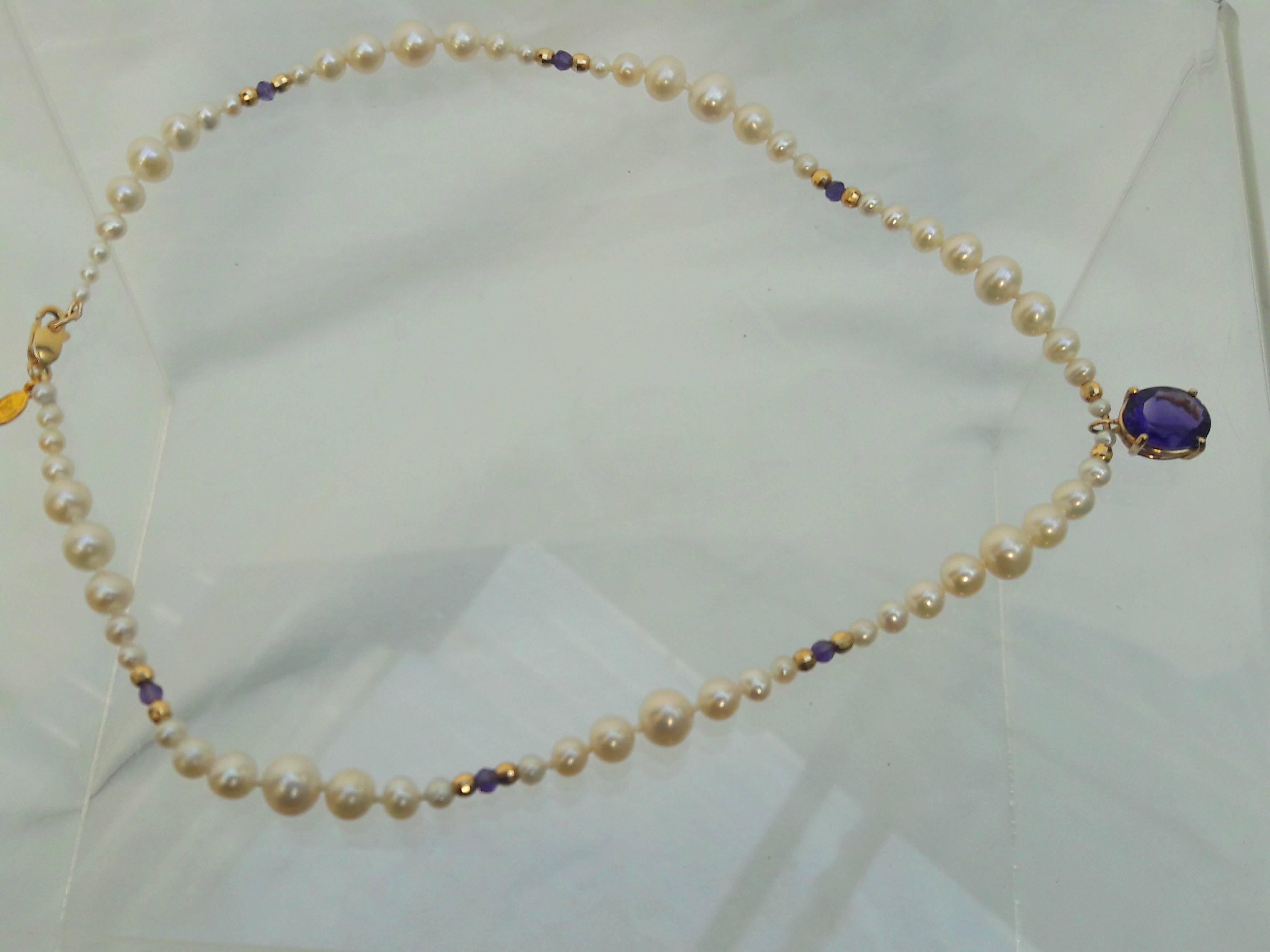 Graduated Pearl, Amethyst, & 14 K Gold Faceted Beads w. Amethyst Stone Pendant In New Condition In Los Angeles, CA