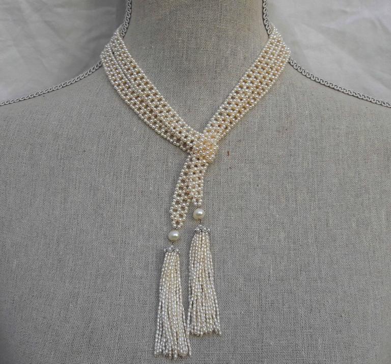 Long Woven Pearl Gold Sautoir Necklace with Tassels at 1stDibs