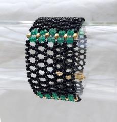 Woven Multi-Strand Faceted Bead Black Spinel Emerald Bracelet