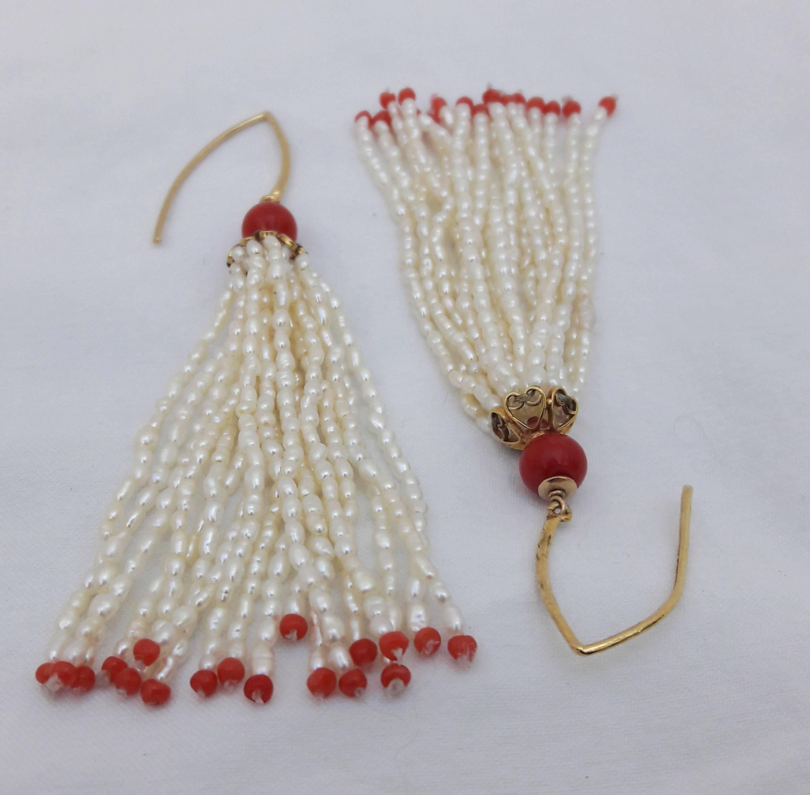 Marina J. Pearl and Coral Tassel Earrings with Gold Findings and Filigree Cup In New Condition In Los Angeles, CA