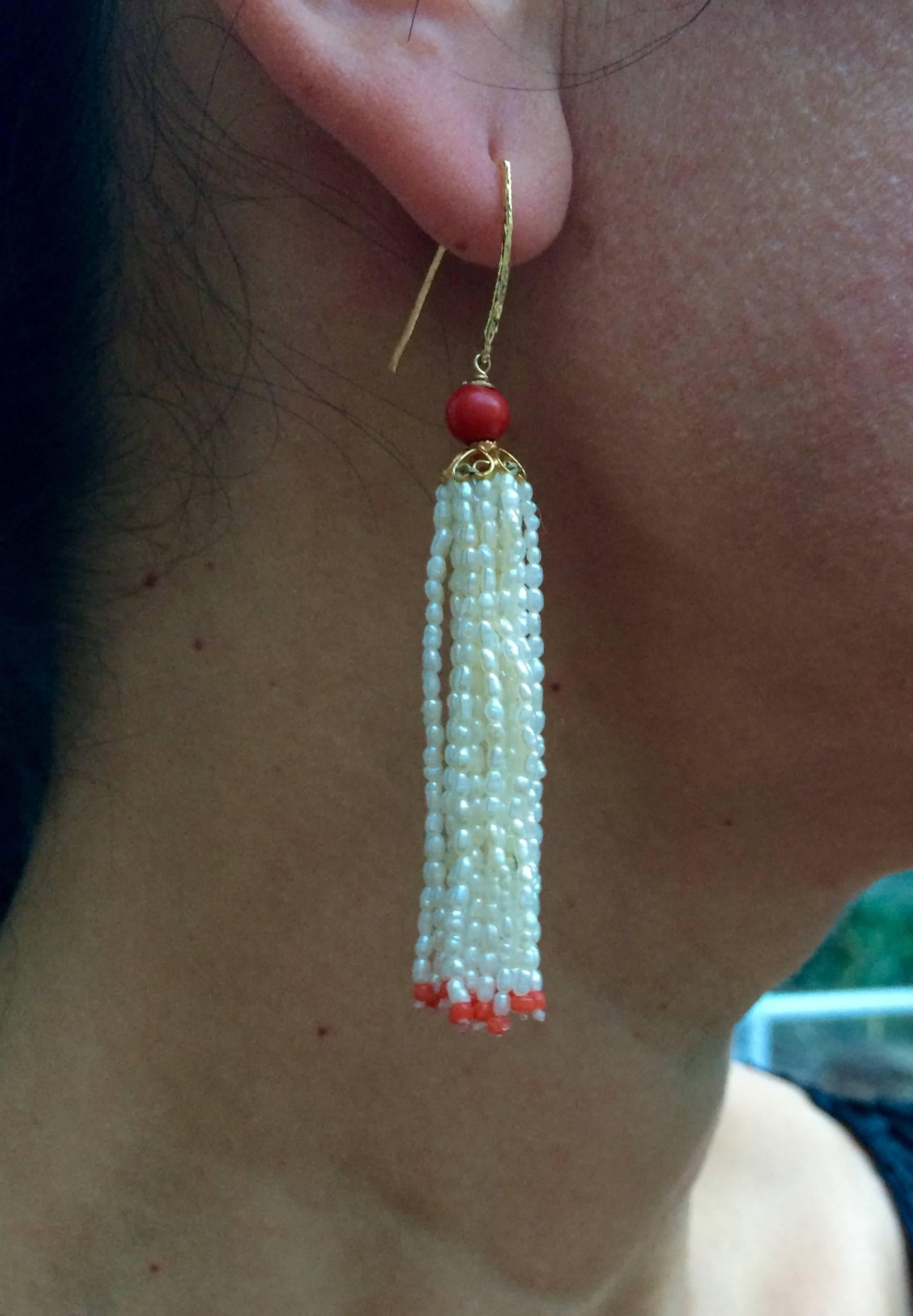 Marina J. Pearl and Coral Tassel Earrings with Gold Findings and Filigree Cup 1