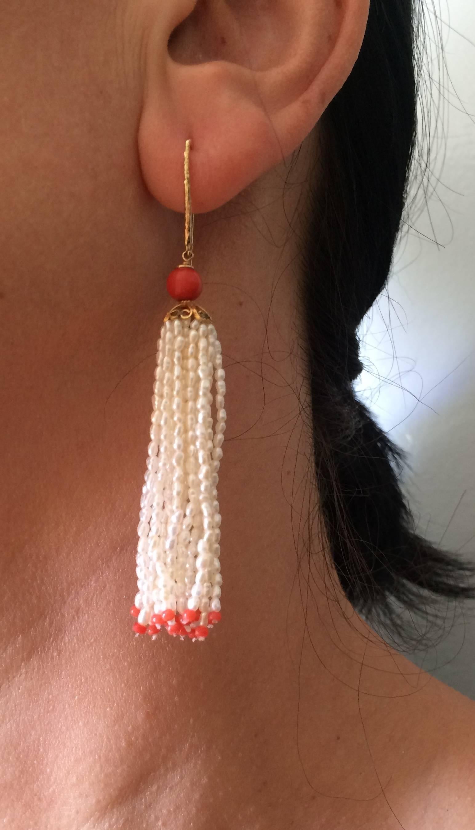 Artist Marina J. Pearl and Coral Tassel Earrings with Gold Findings and Filigree Cup