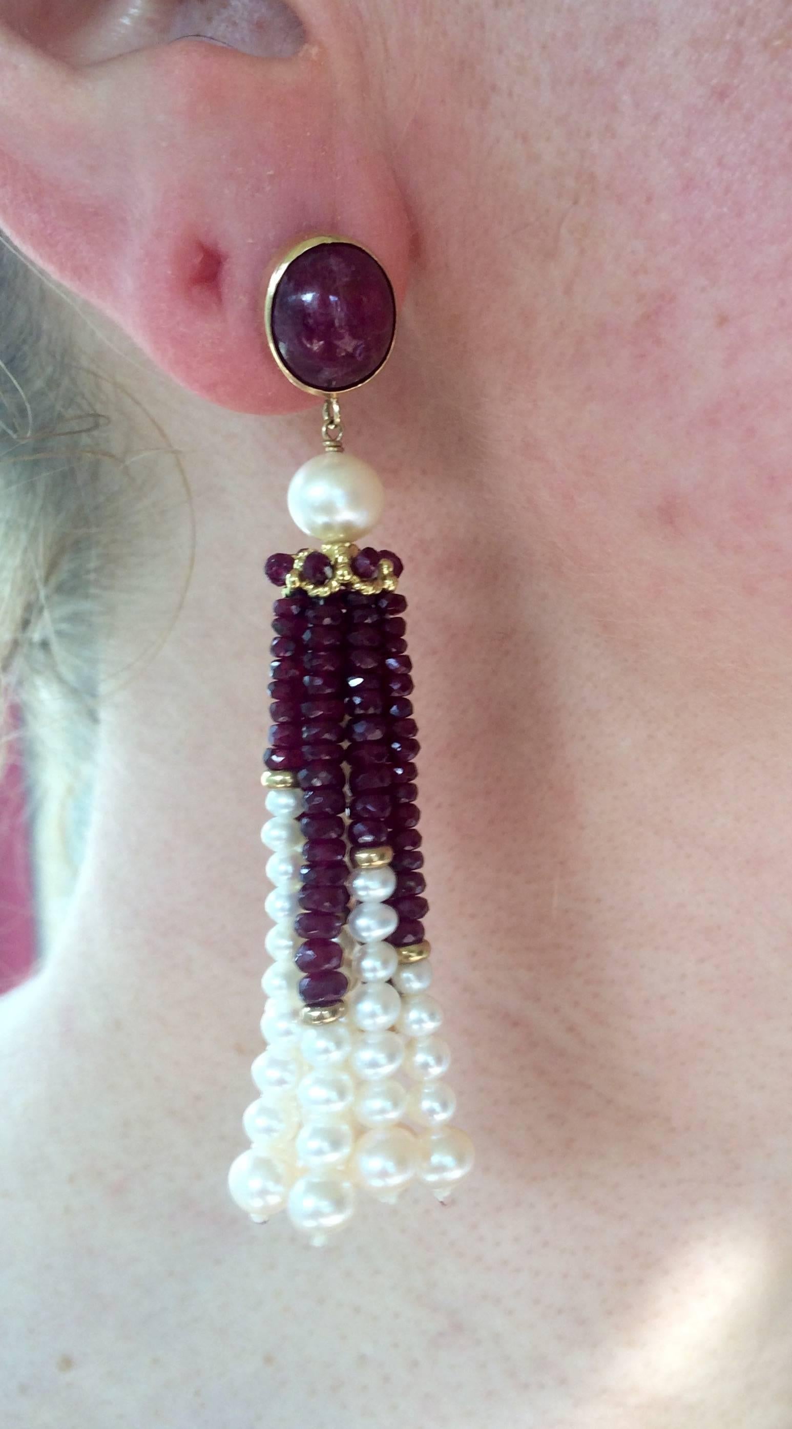 White Pearl and Ruby Graduated Tassel Earrings with 14k Yellow Gold  3