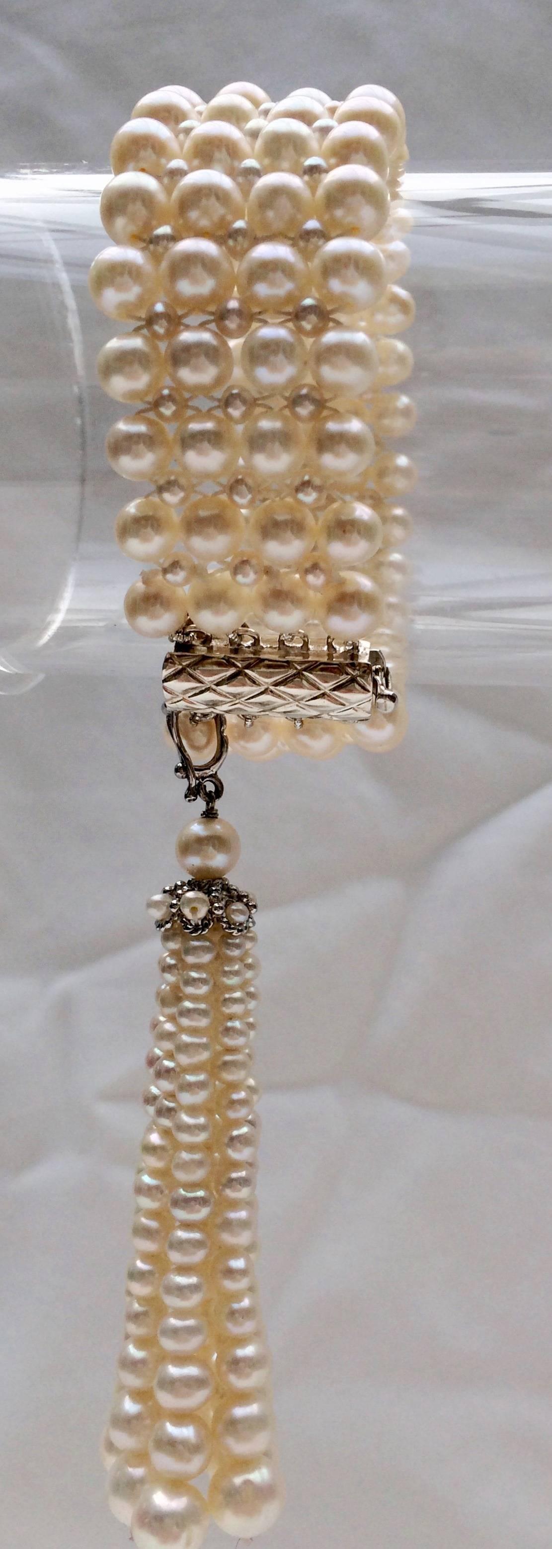 Artist  Woven Pearl Art Deco Bracelet with Removable Matching Pearl Tassel by Marina J