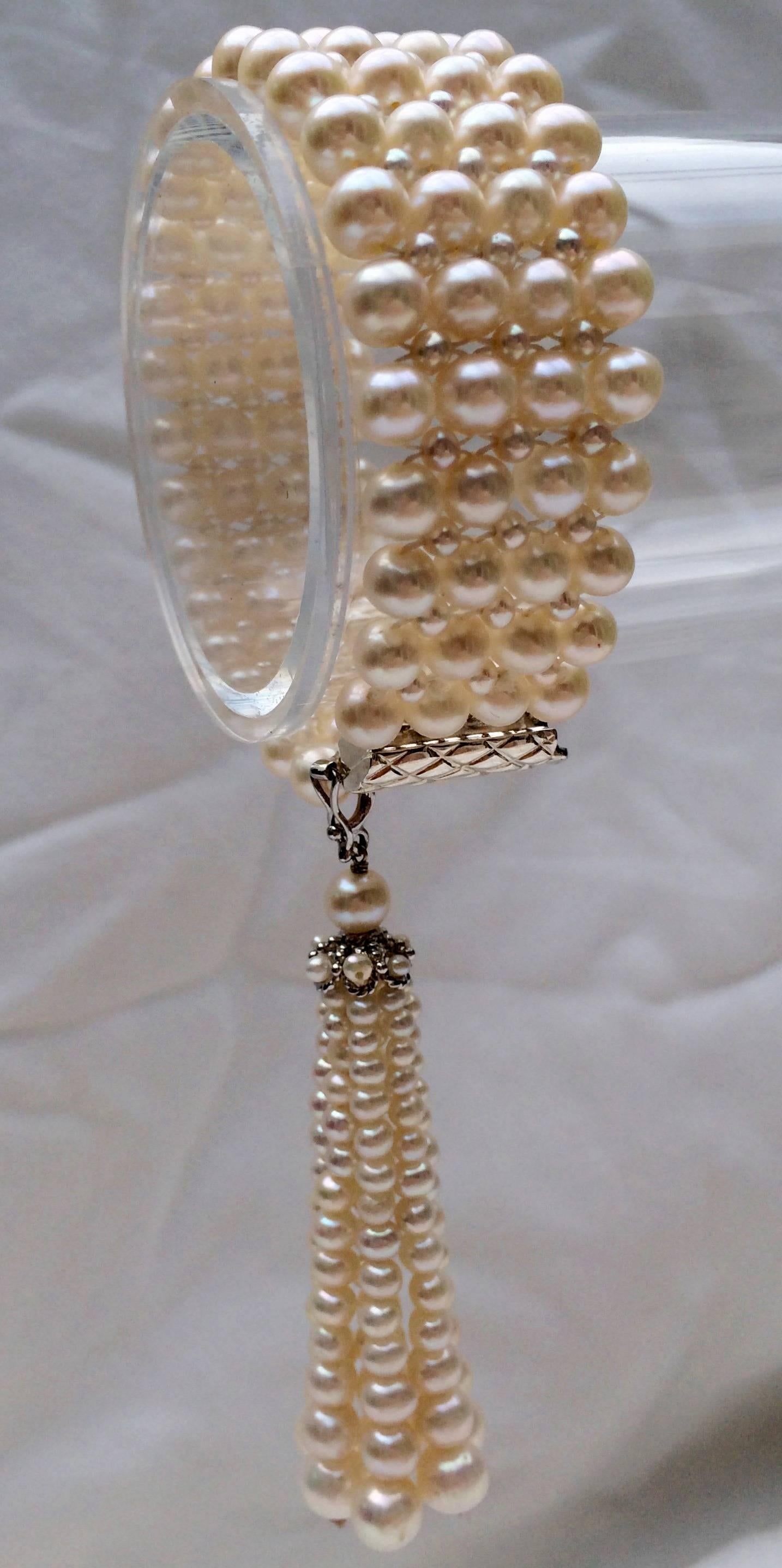 Women's  Woven Pearl Art Deco Bracelet with Removable Matching Pearl Tassel by Marina J