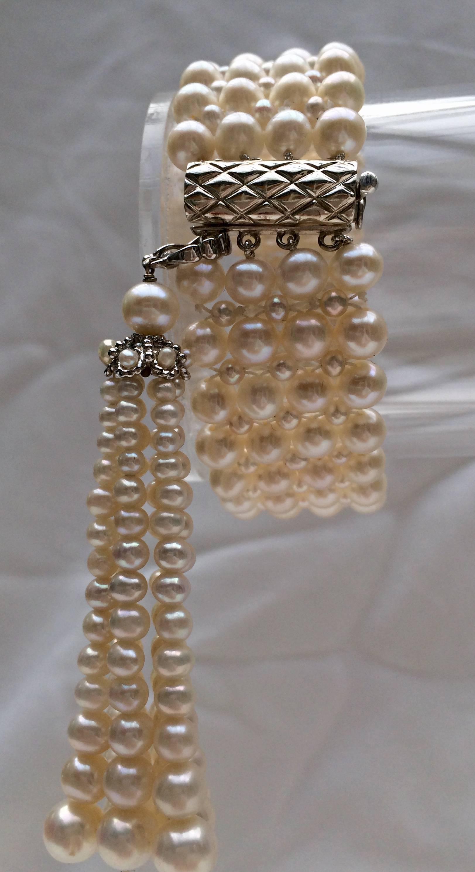Bead  Woven Pearl Art Deco Bracelet with Removable Matching Pearl Tassel by Marina J