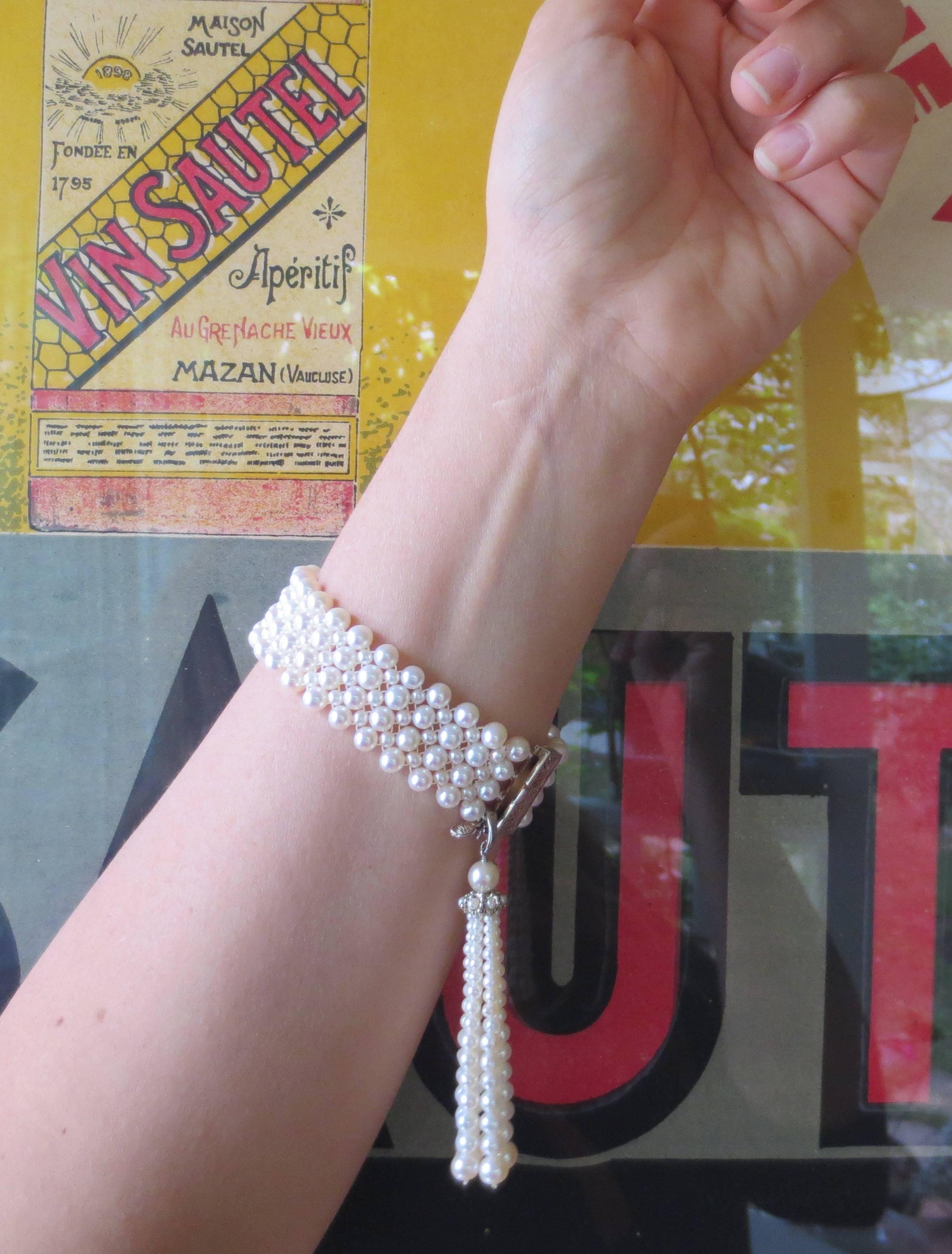  Woven Pearl Art Deco Bracelet with Removable Matching Pearl Tassel by Marina J 3
