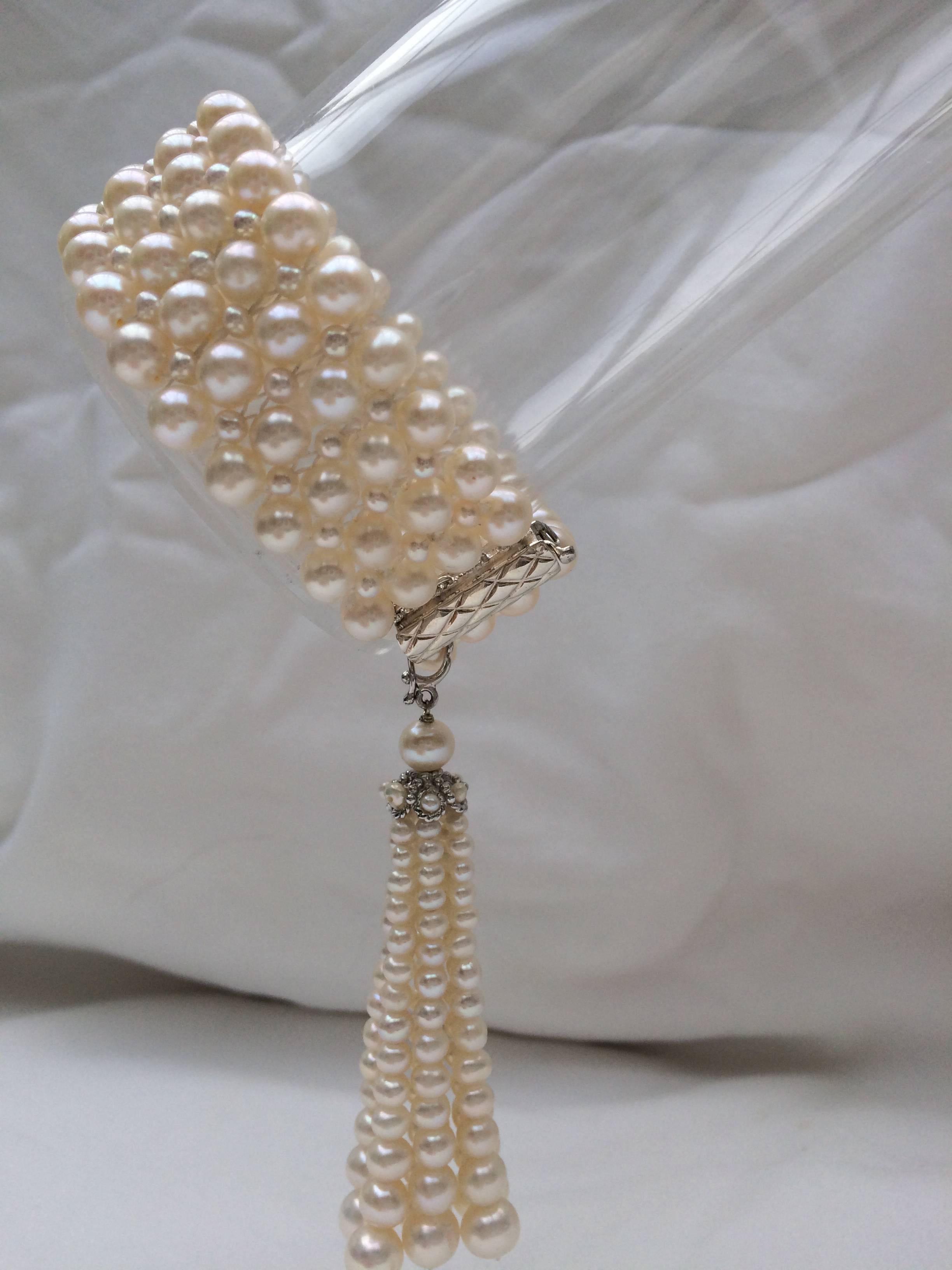  Woven Pearl Art Deco Bracelet with Removable Matching Pearl Tassel by Marina J 2