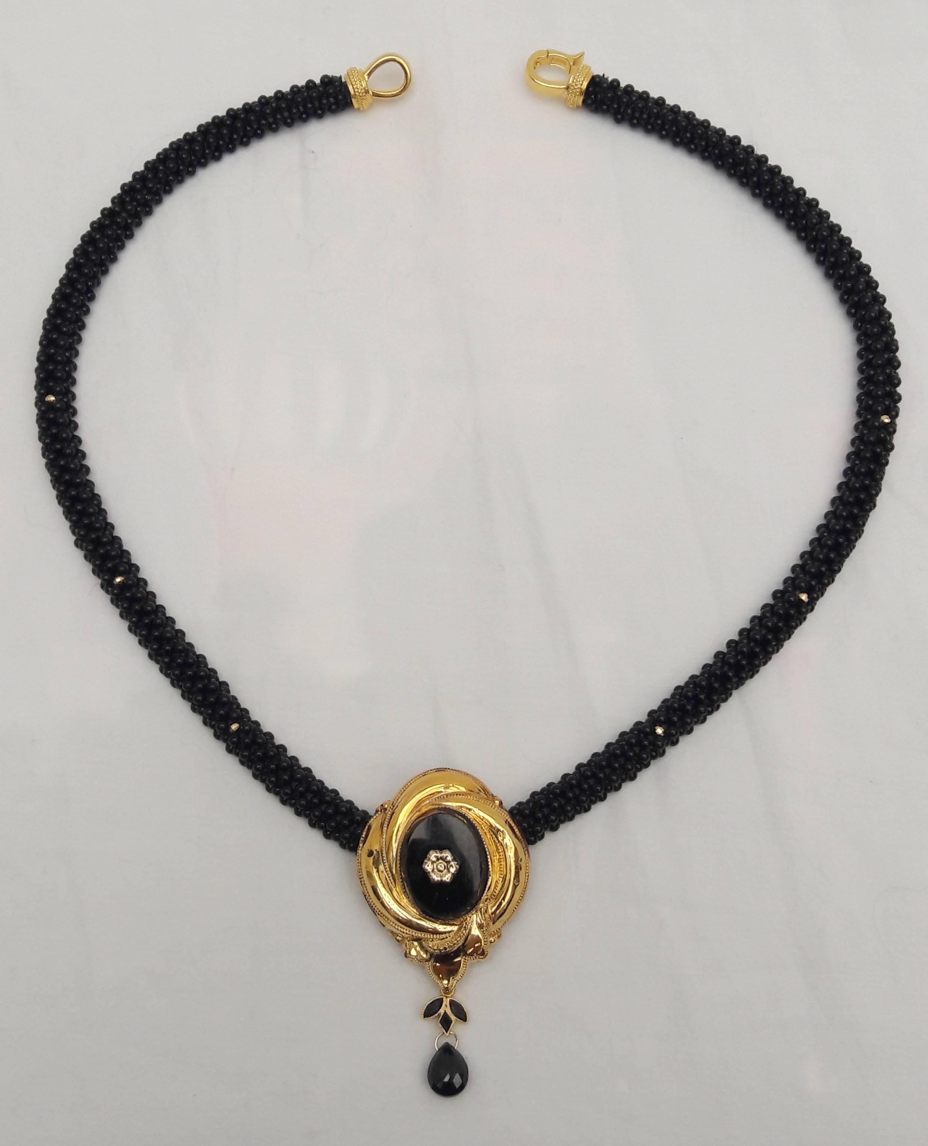 A unique and one-of-a-kind statement.

Made with hundred of carefully selected, smooth and round Black Onyx beads and woven into a tight, three dimensional rope. The intricate weaving pattern gives a very solid, dense feeling, while providing a