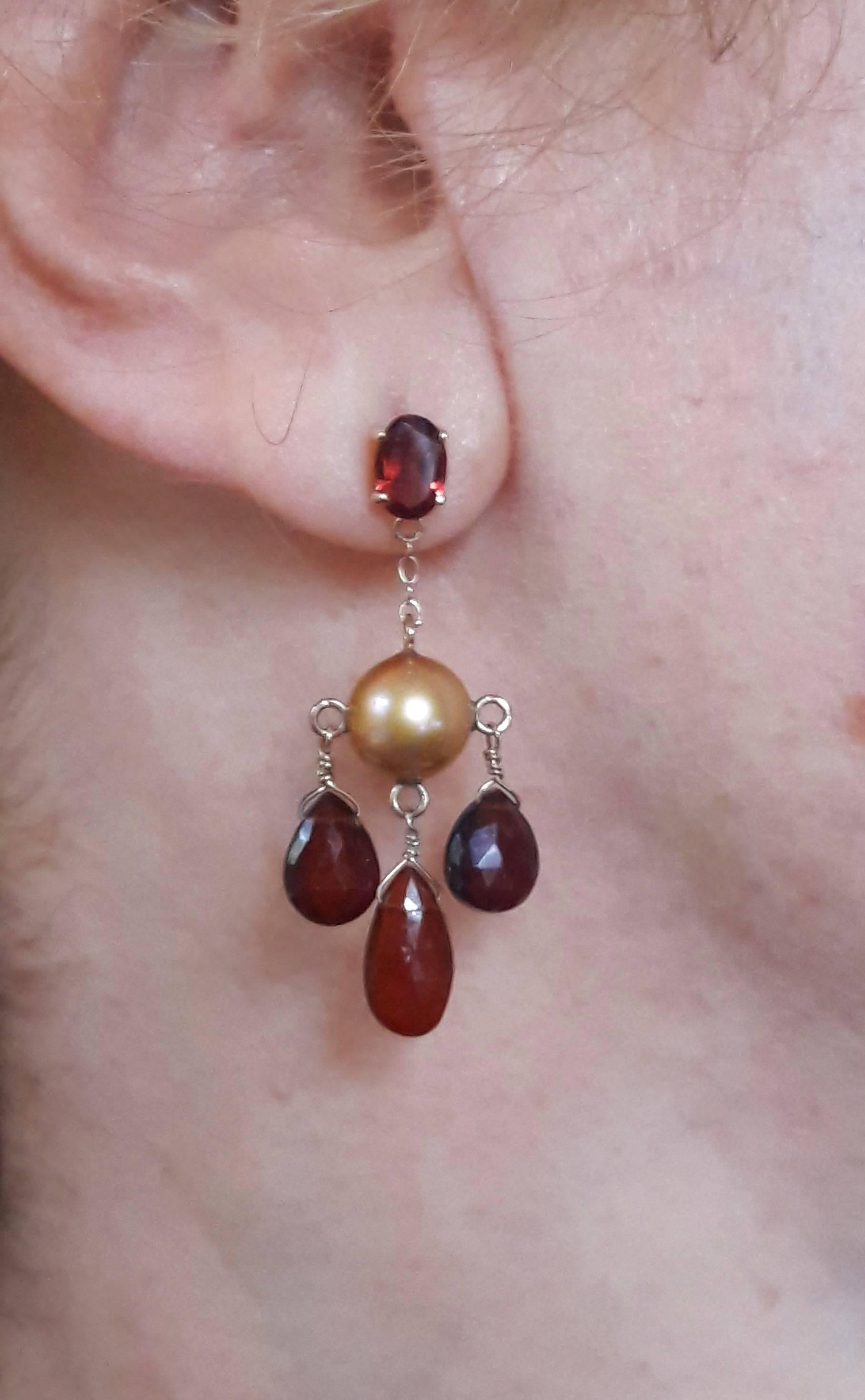 Bead Marina J Golden color Pearl and Red Garnet Dangle Earrings with 14K Yellow Gold  For Sale
