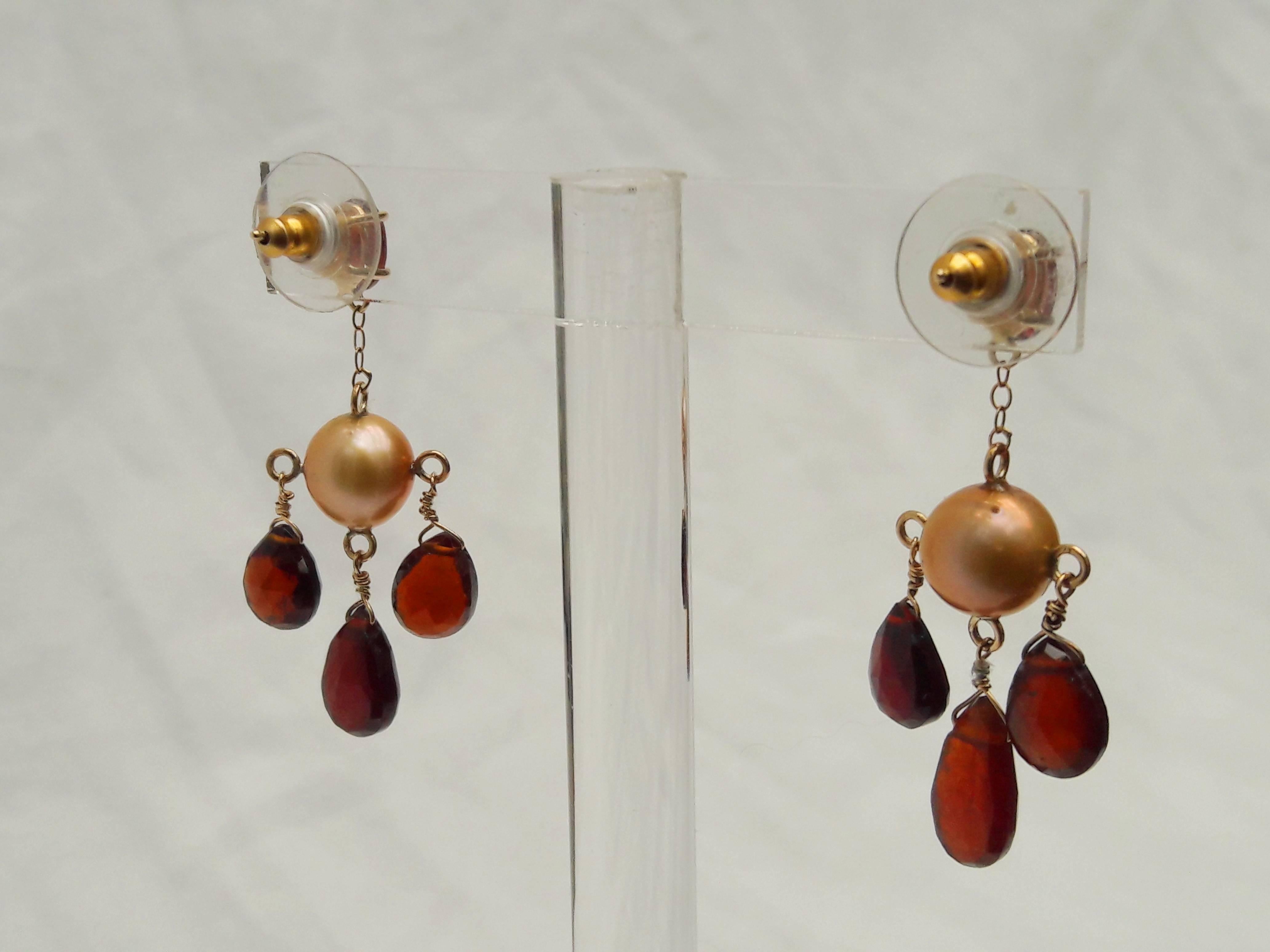 Artist Marina J Golden color Pearl and Red Garnet Dangle Earrings with 14K Yellow Gold  For Sale