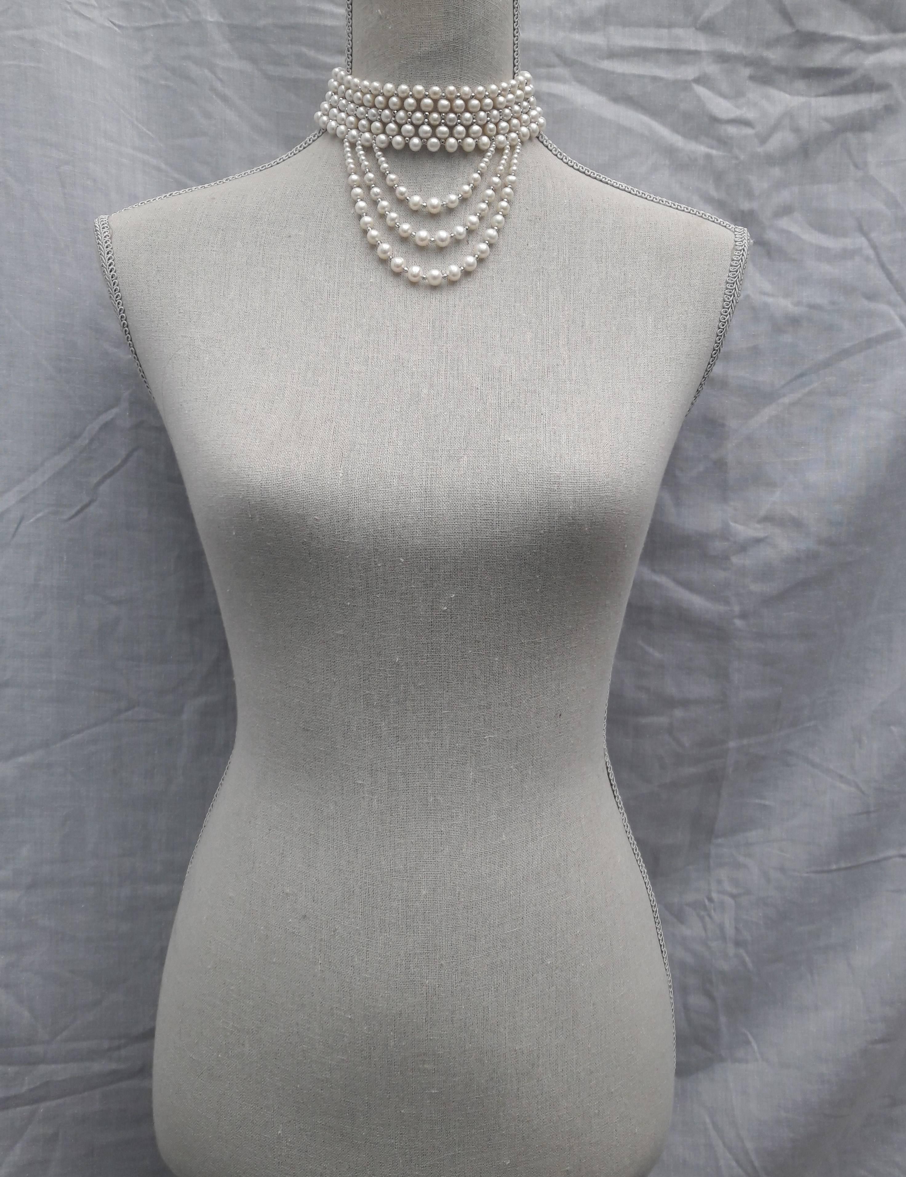 Marina J. Woven Pearl & 14K White Gold Drape Choker and Rhodium Silver Clasp  In New Condition In Los Angeles, CA