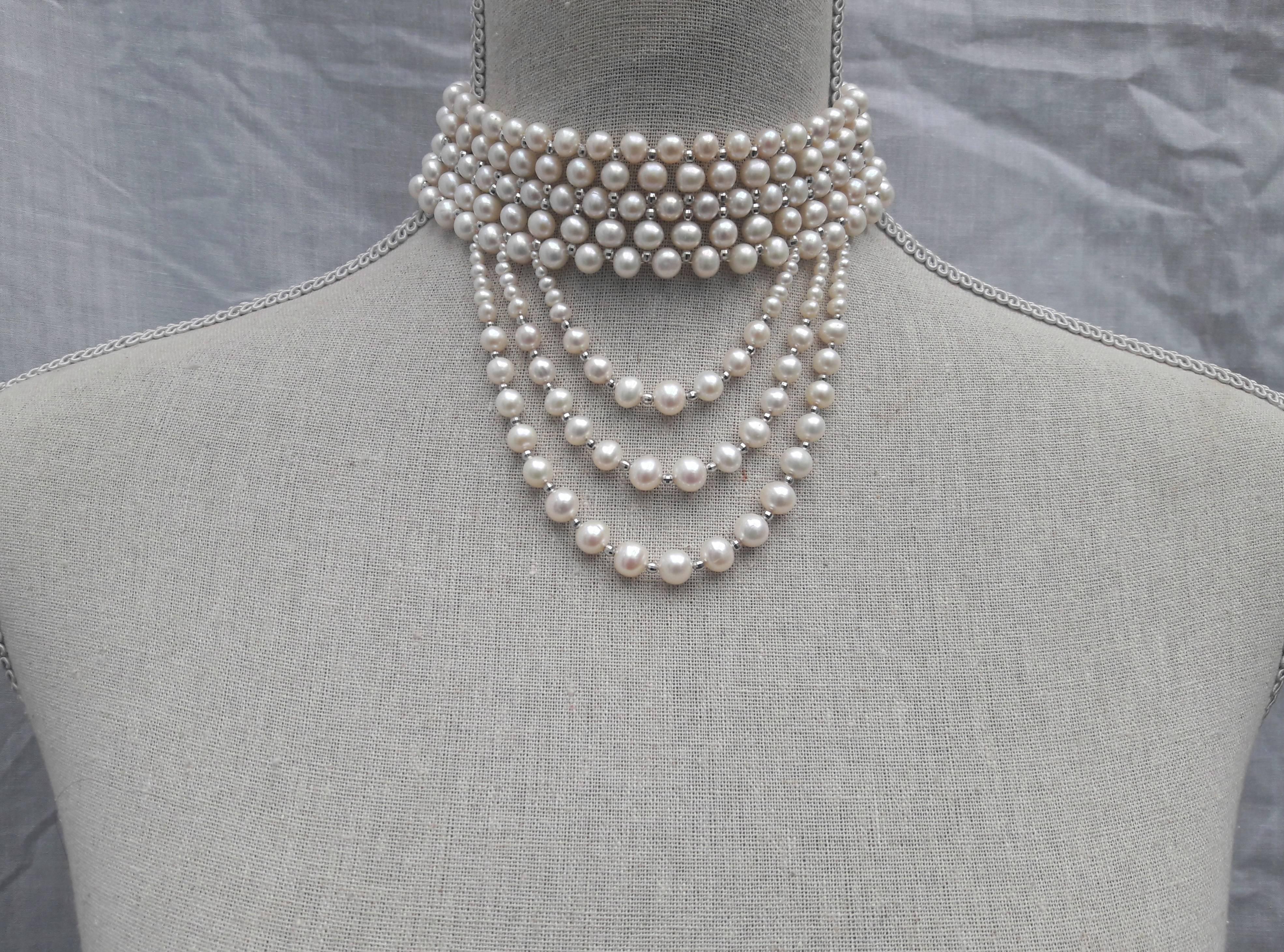 Bead Marina J. Woven Pearl & 14K White Gold Drape Choker and Rhodium Silver Clasp 