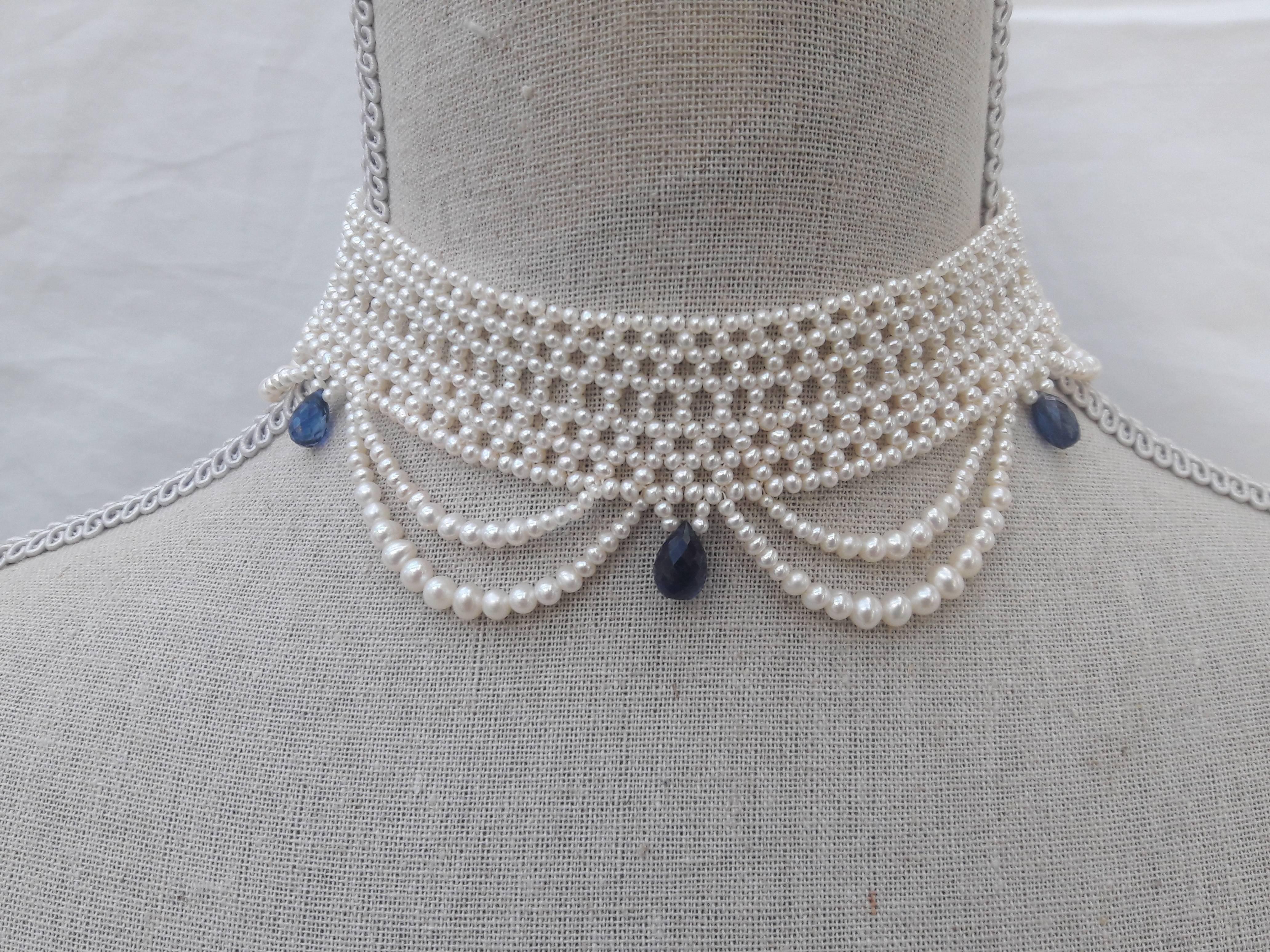 Artist Marina J Woven Pearl Draped Choker Necklace with Kyanite Briolets 
