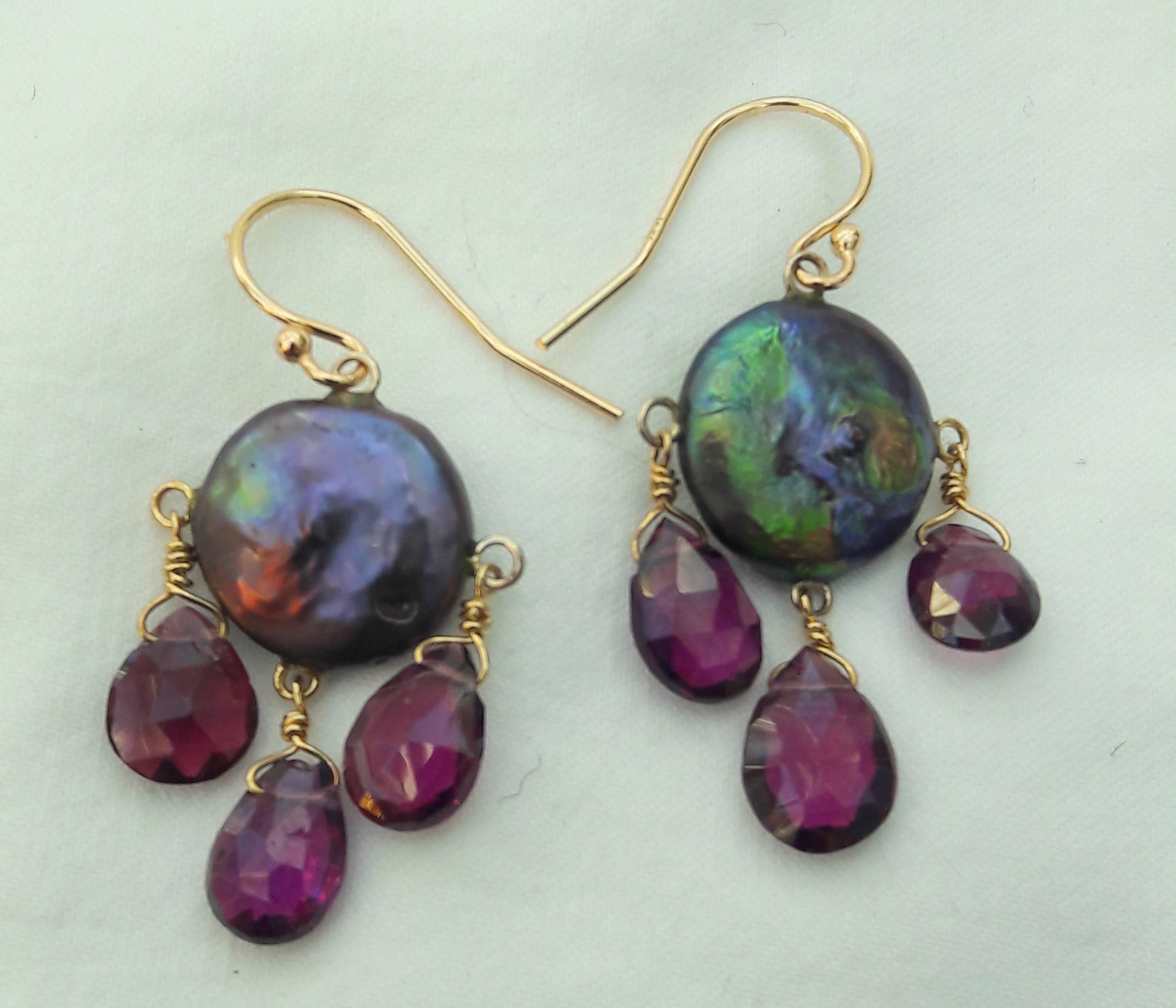 Marina J Black Pearl and Pink Tourmaline Earrings with 14k Yellow Gold Hook In New Condition In Los Angeles, CA