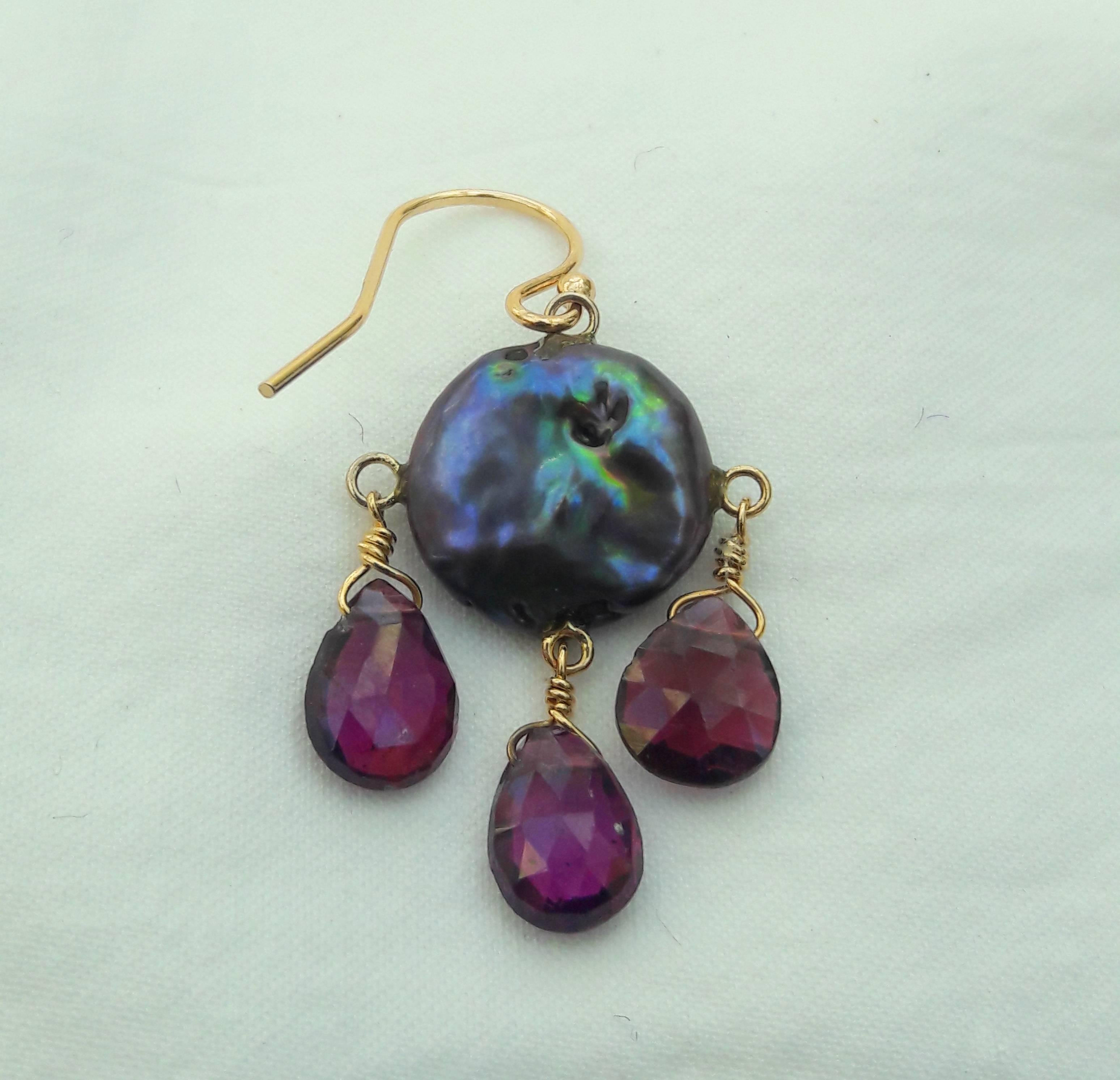 Artist Marina J Black Pearl and Pink Tourmaline Earrings with 14k Yellow Gold Hook
