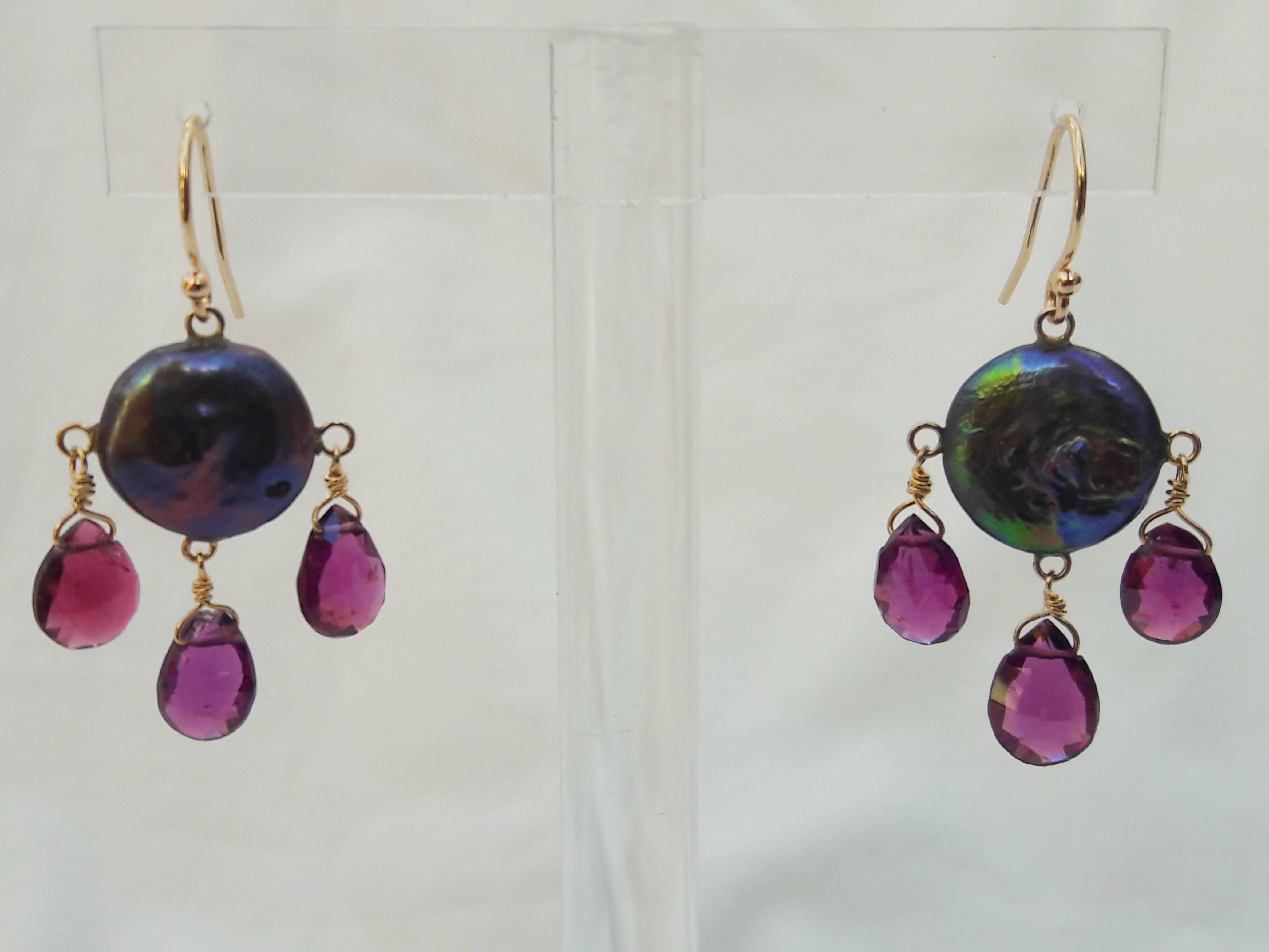 Bead Marina J Black Pearl and Pink Tourmaline Earrings with 14k Yellow Gold Hook