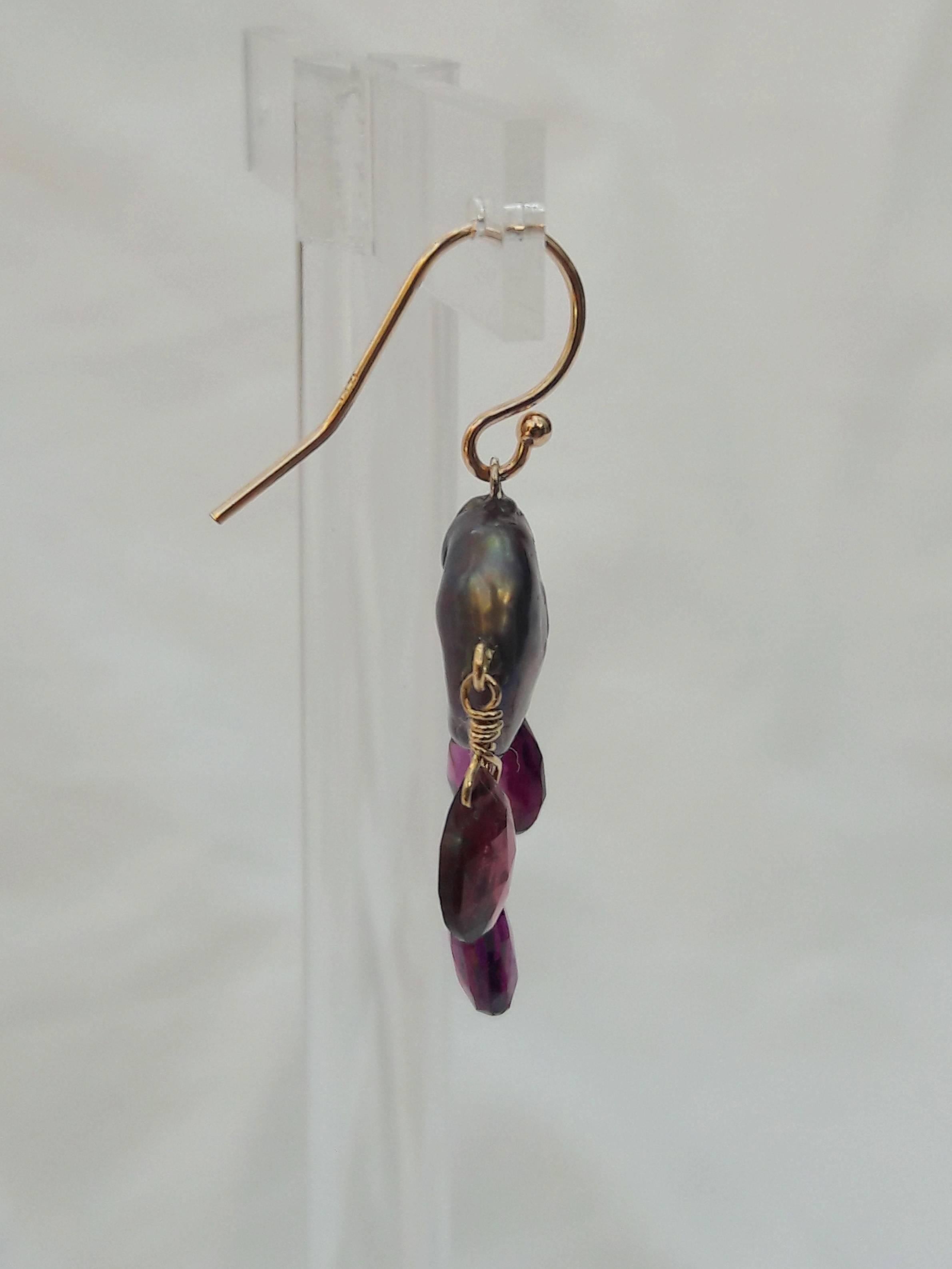 Women's Marina J Black Pearl and Pink Tourmaline Earrings with 14k Yellow Gold Hook