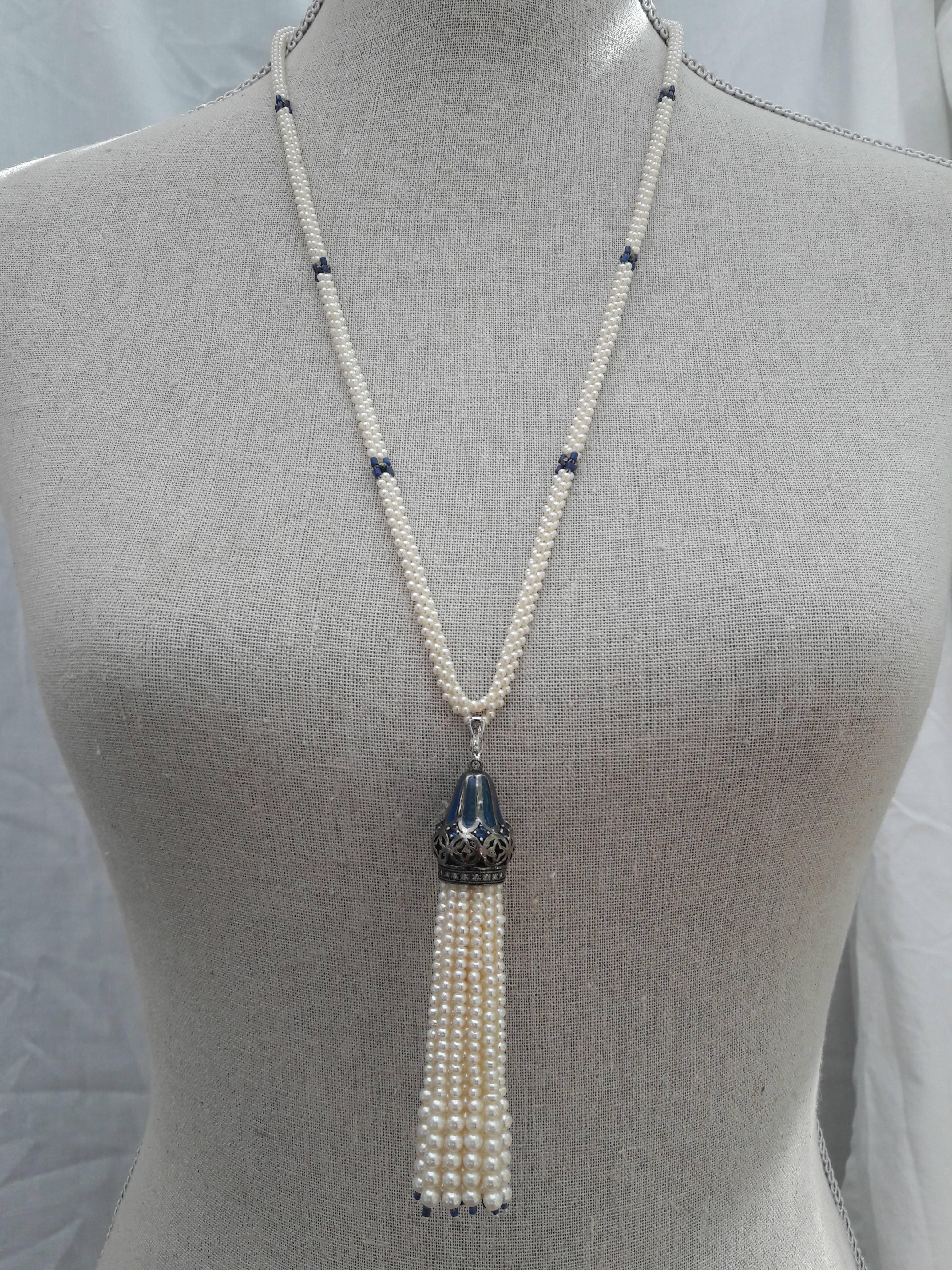 Marina J. Woven Pearl, Lapis, Enamel, Silver, Gold, Custom Lariat Necklace  In New Condition In Los Angeles, CA