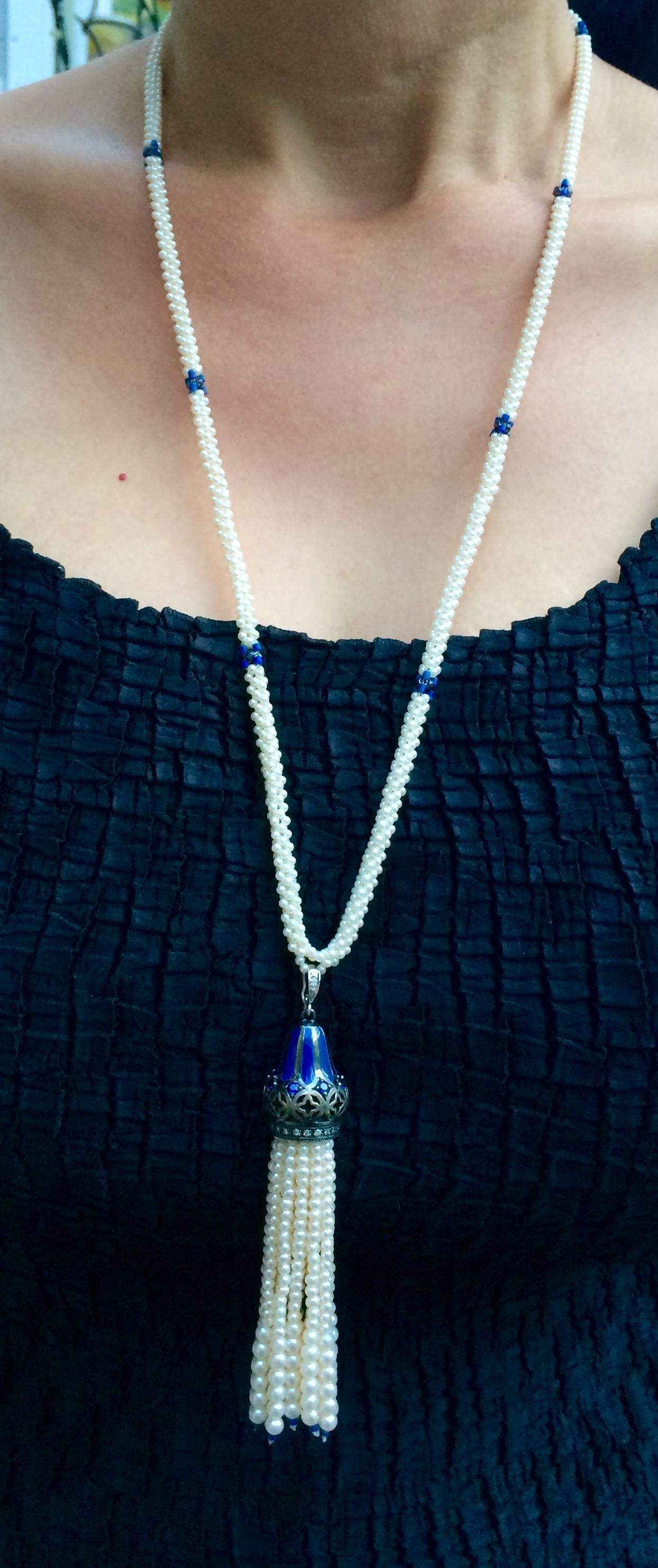 Marina J. Woven Pearl, Lapis, Enamel, Silver, Gold, Custom Lariat Necklace  2