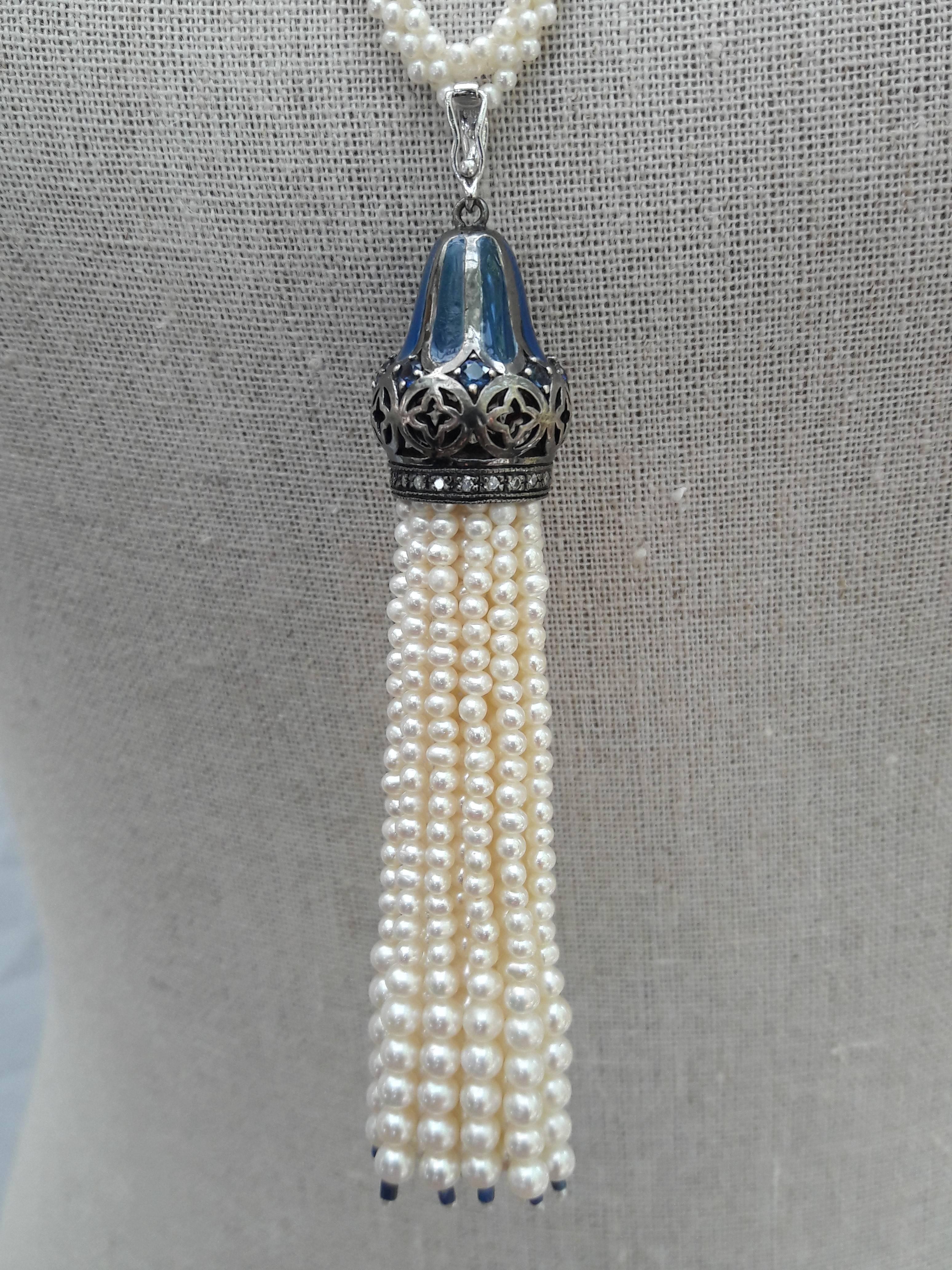 Gilded Age Marina J. Woven Pearl, Lapis, Enamel, Silver, Gold, Custom Lariat Necklace 