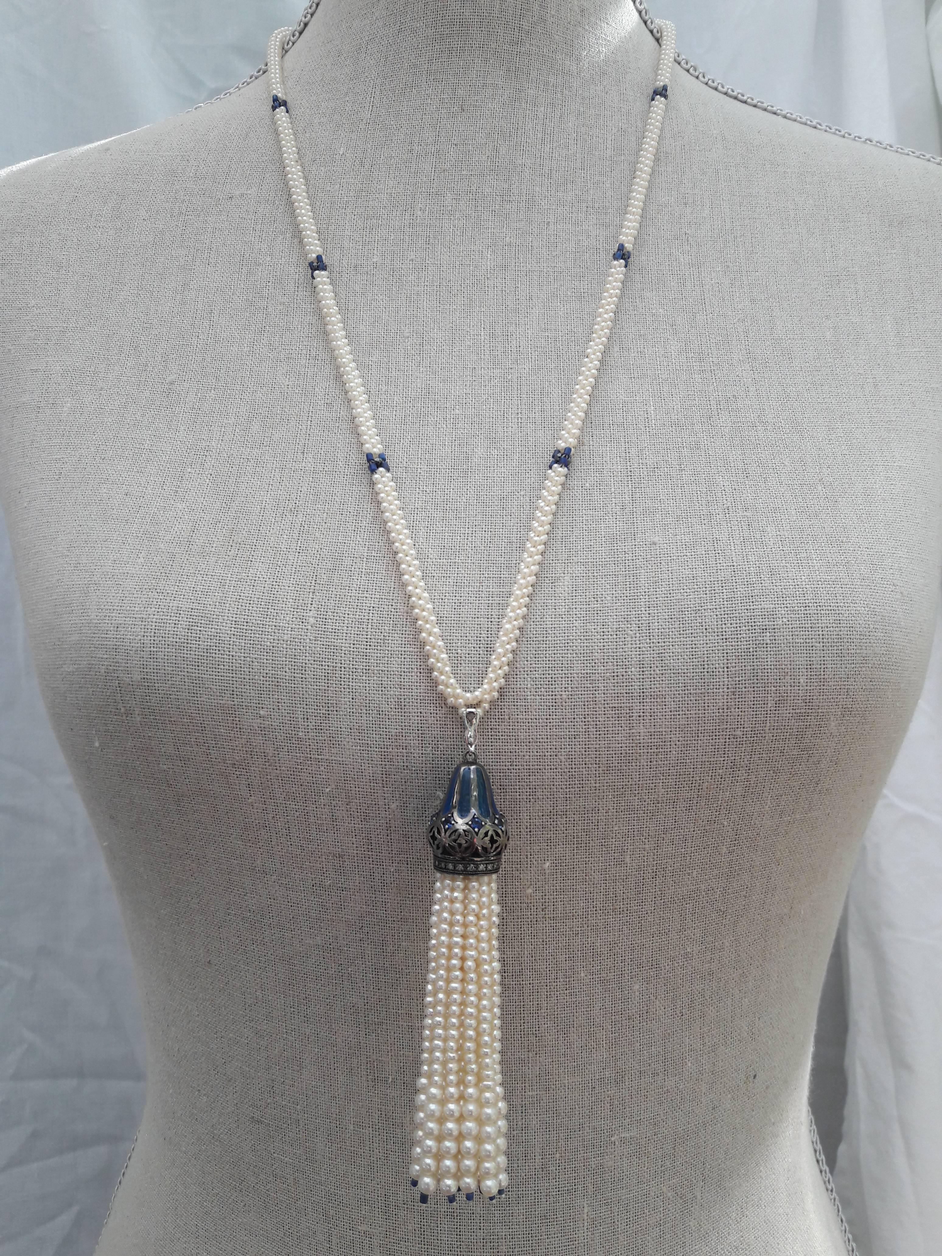 Marina J. Woven Pearl, Lapis, Enamel, Silver, Gold, Custom Lariat Necklace  3