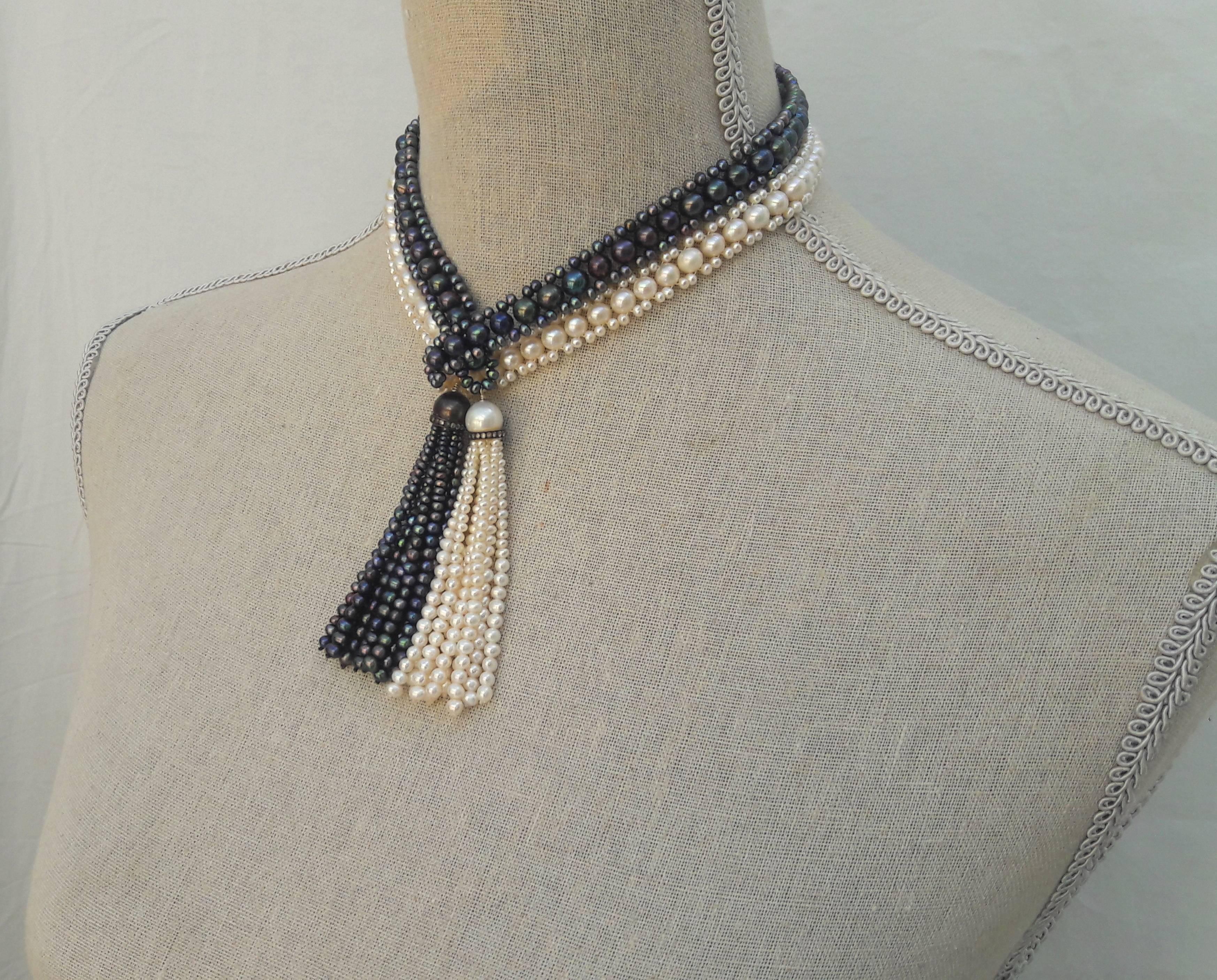 Brilliant Cut Marina J. Long Woven Black and White Pearl Sautoir Necklace in Art Deco Style 