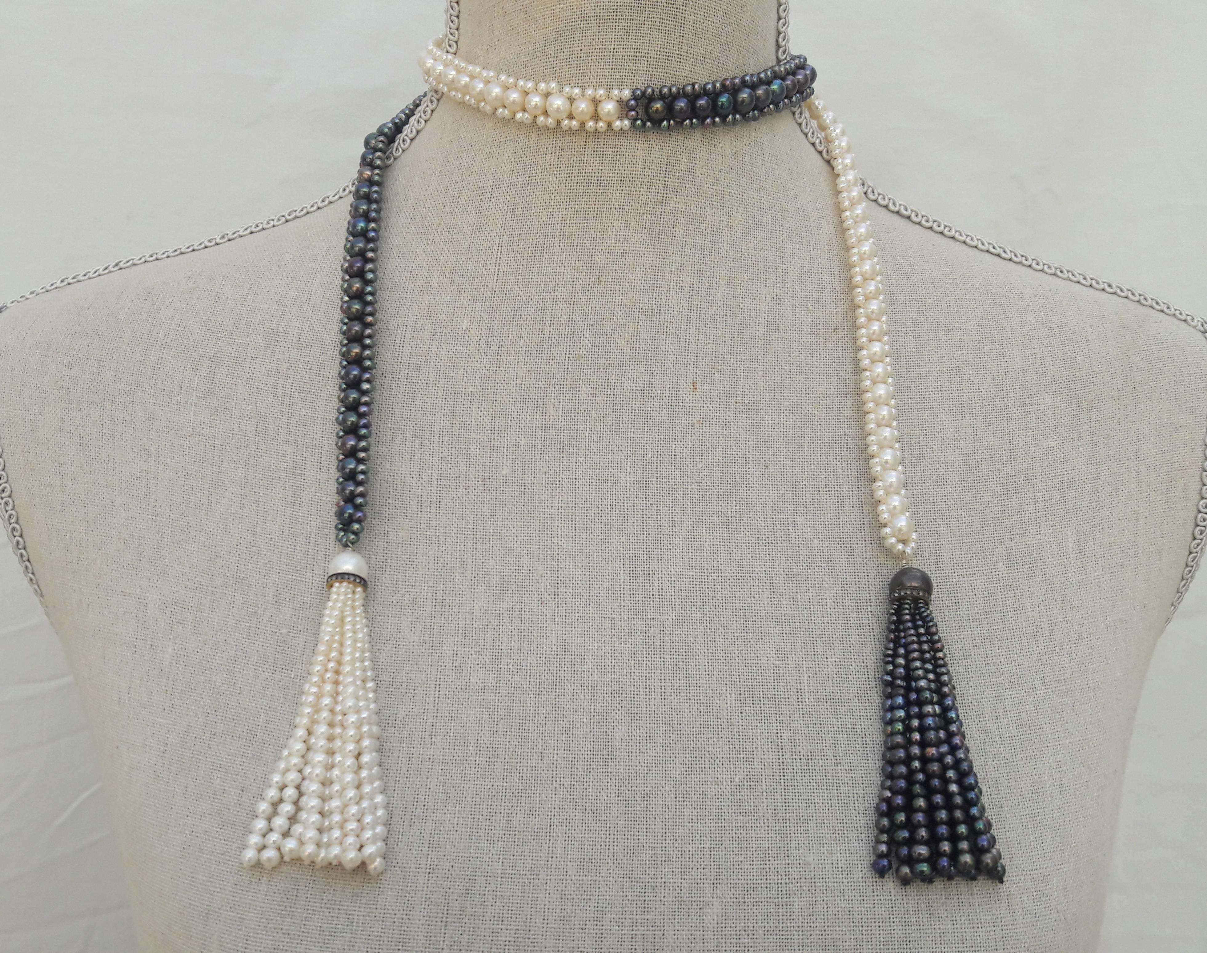 Marina J. Long Woven Black and White Pearl Sautoir Necklace in Art Deco Style  1