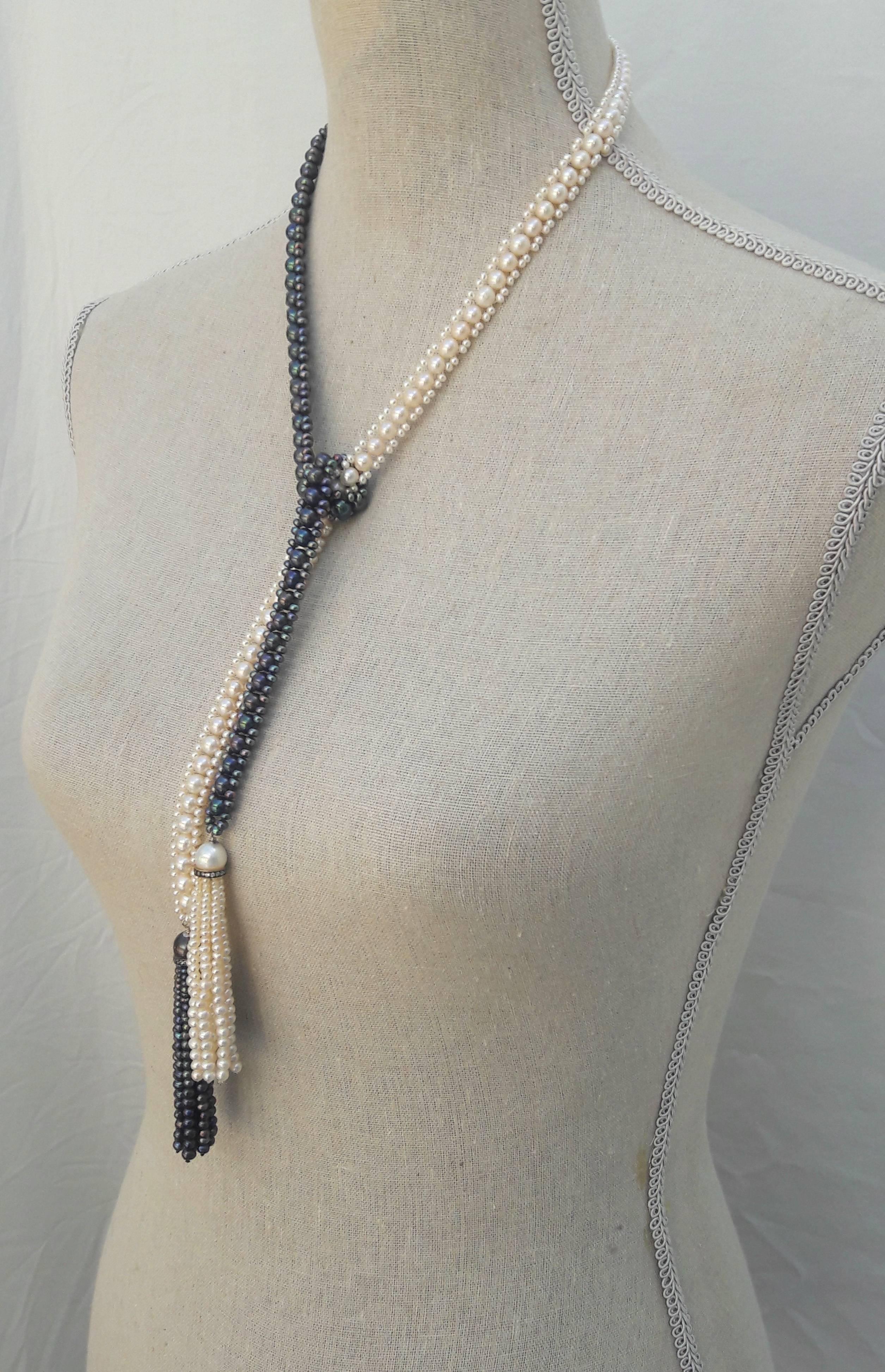 Marina J. Long Woven Black and White Pearl Sautoir Necklace in Art Deco Style  2