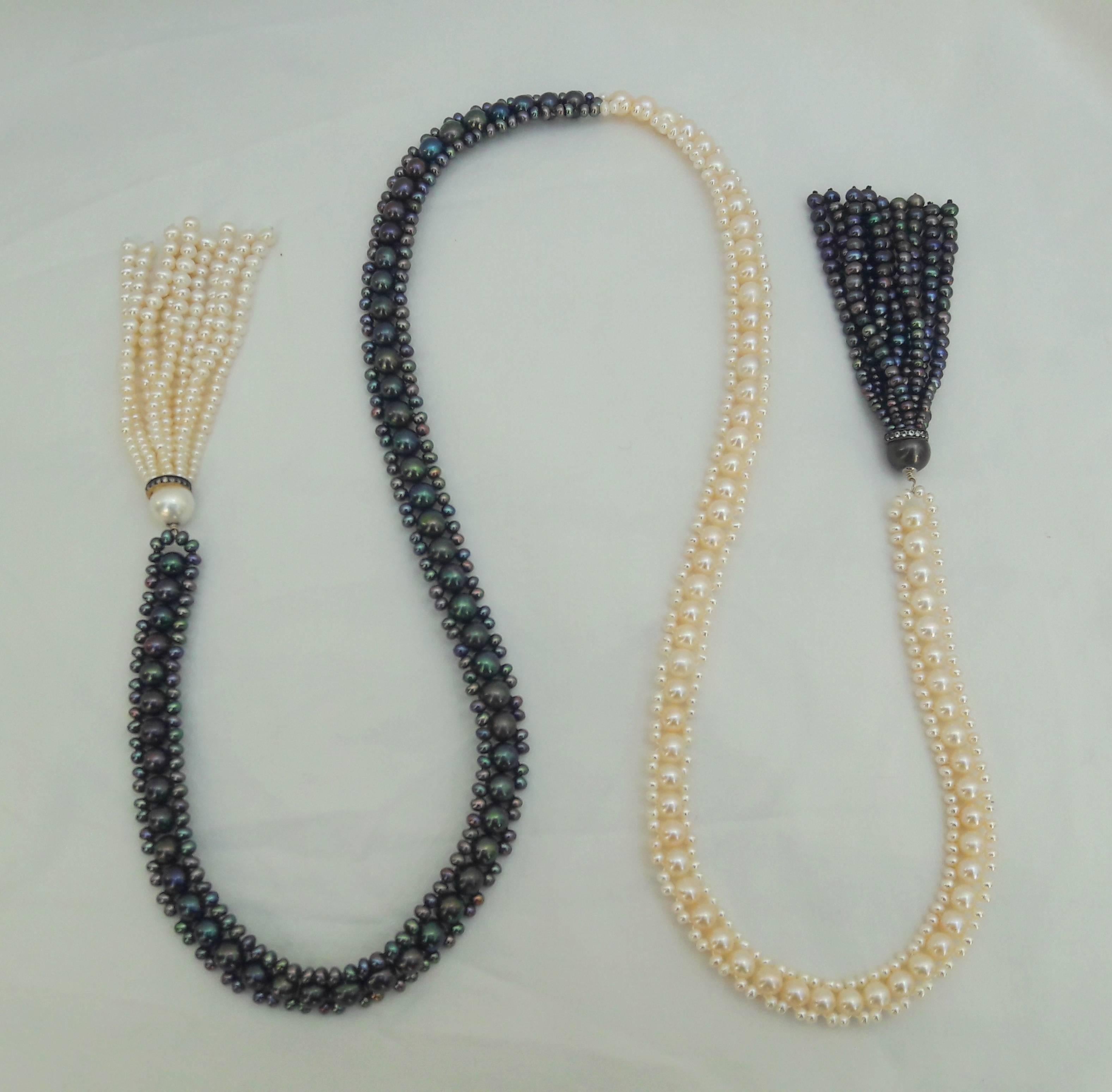 Marina J. Long Woven Black and White Pearl Sautoir Necklace in Art Deco Style  3