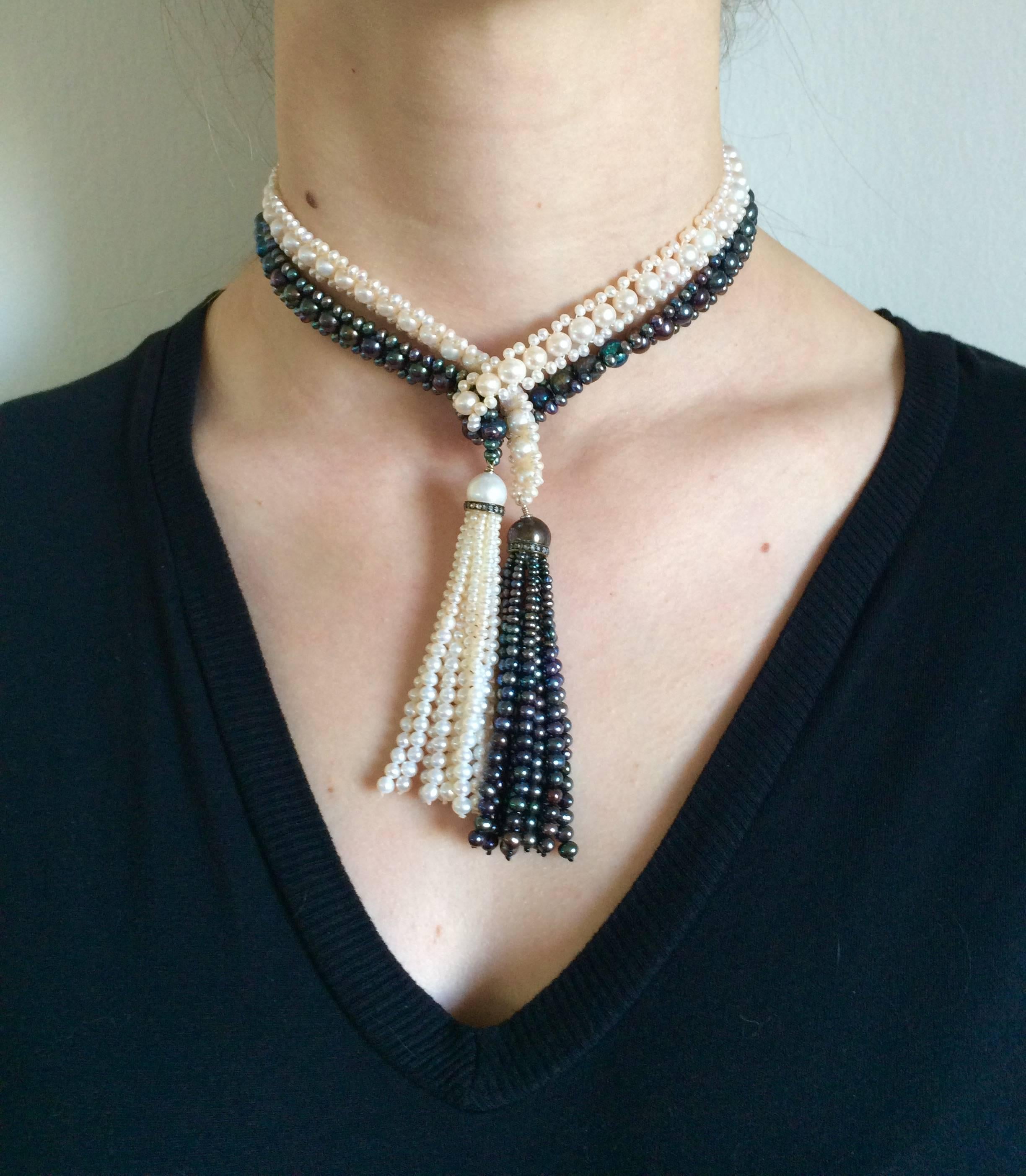 Women's Marina J. Long Woven Black and White Pearl Sautoir Necklace in Art Deco Style 