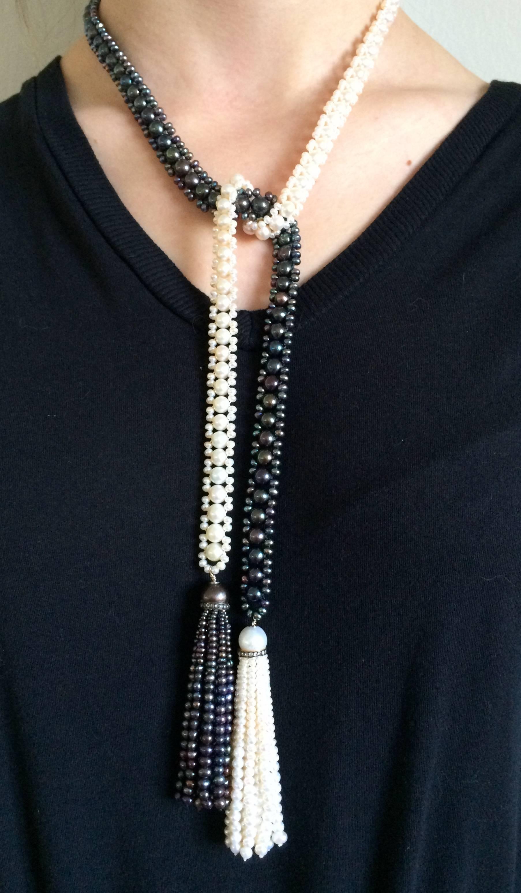 Marina J. Long Woven Black and White Pearl Sautoir Necklace in Art Deco Style  In New Condition In Los Angeles, CA