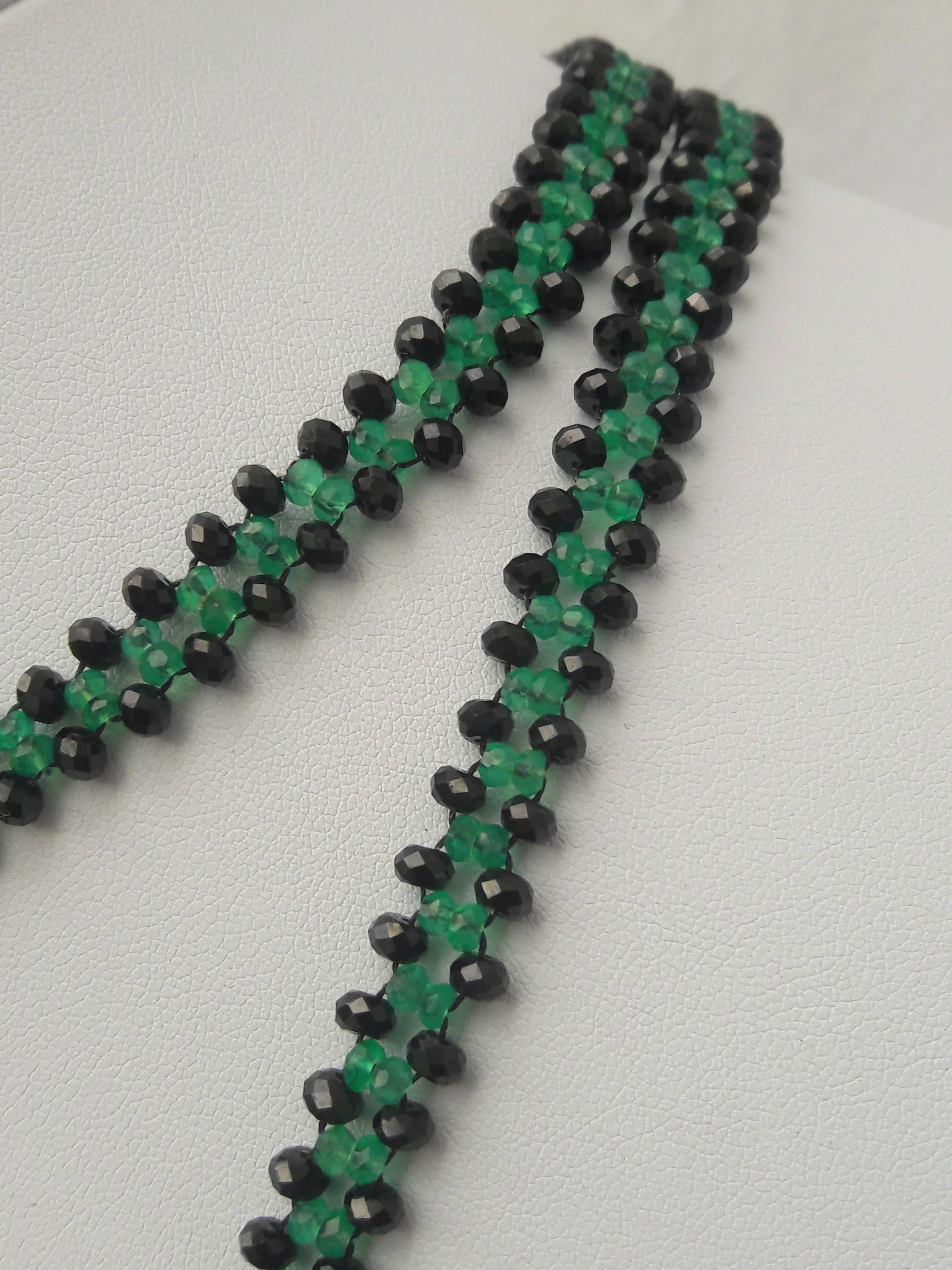 Women's Marina J Woven Black Spinel and Green Onyx sautoir with Diamond and Onyx Tassel 