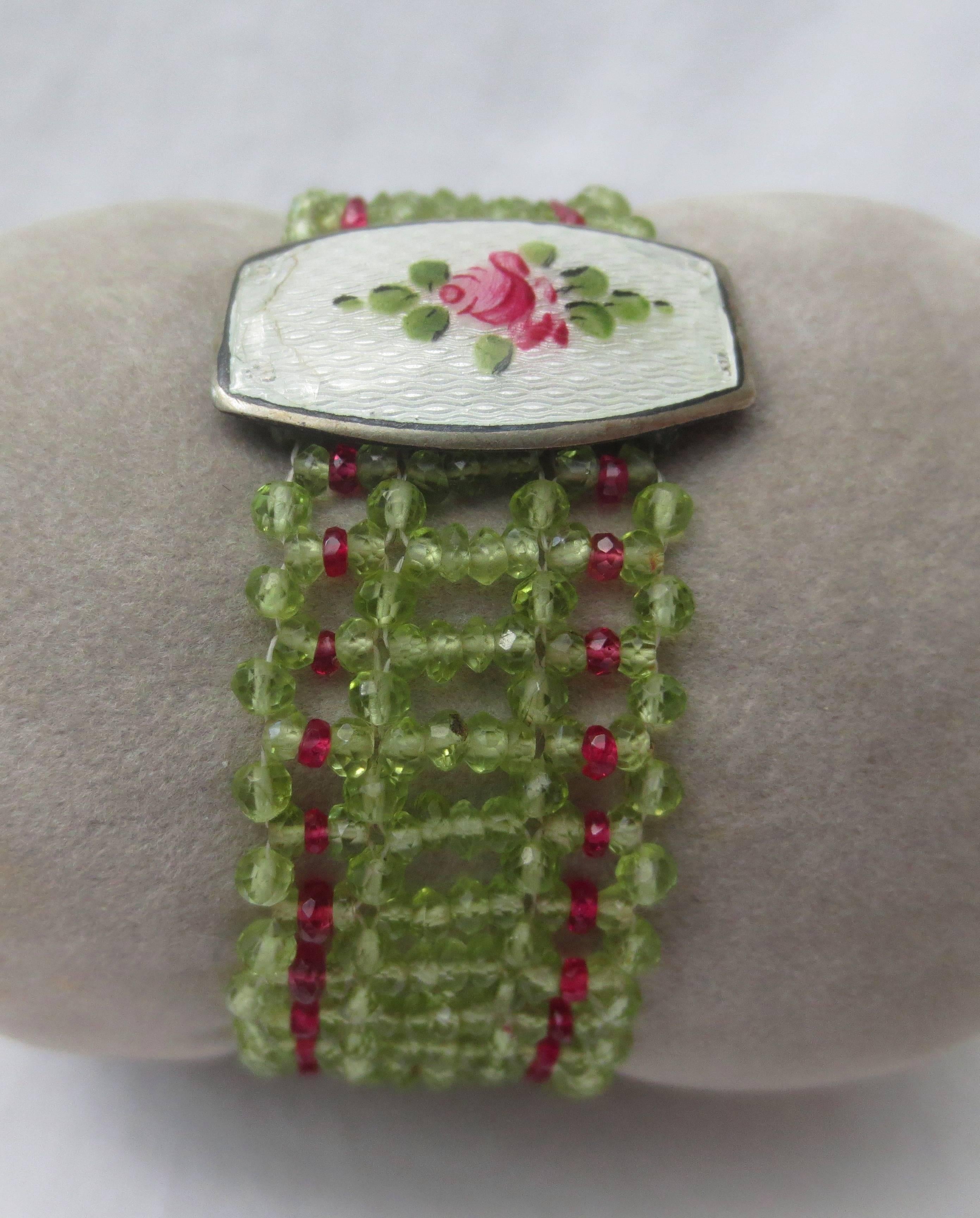 Artist Marina J. Woven Peridot, Ruby, Silver Bracelet With Vintage Enamel Centerpiece