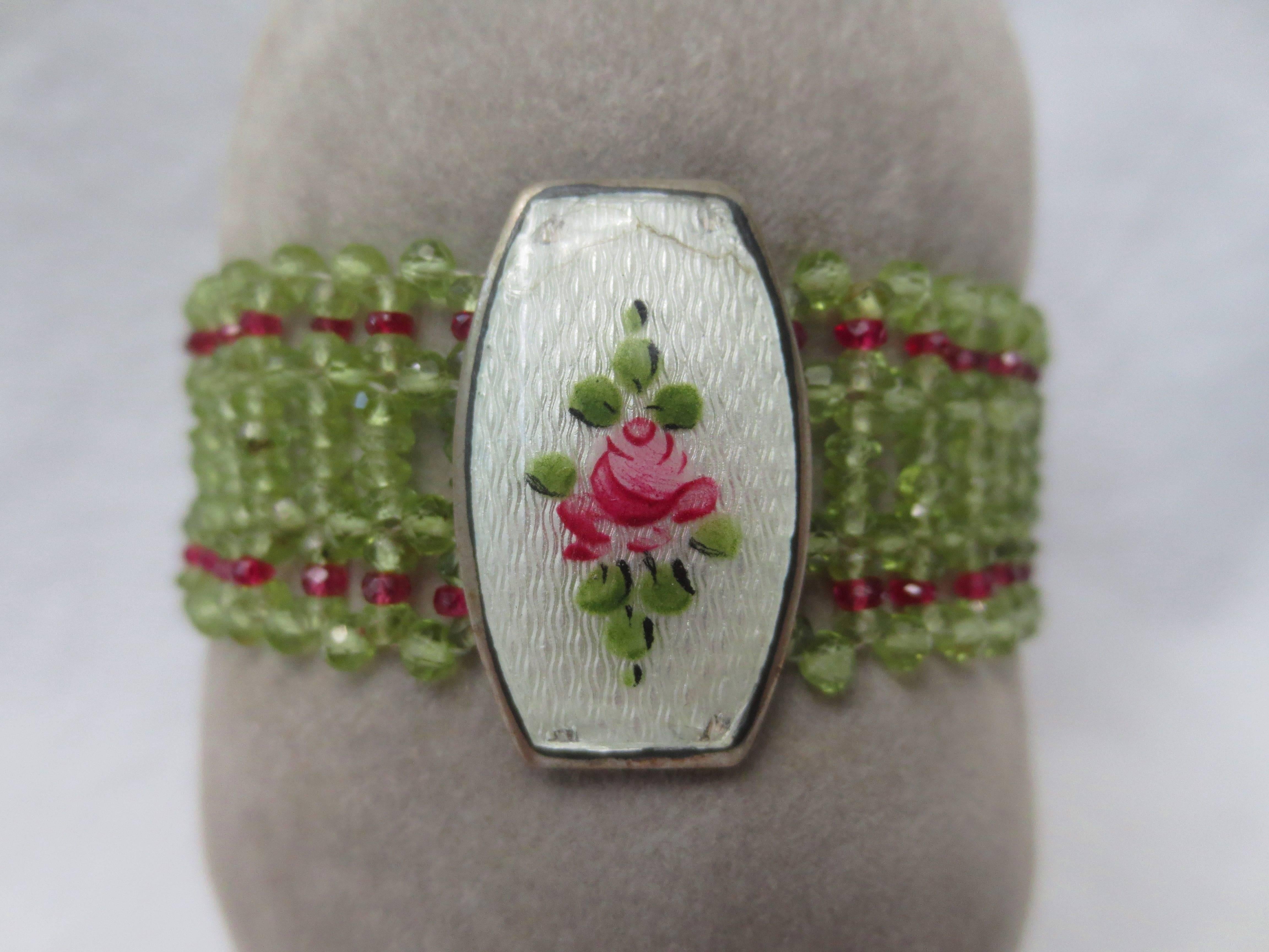 Marina J. Woven Peridot, Ruby, Silver Bracelet With Vintage Enamel Centerpiece In New Condition In Los Angeles, CA