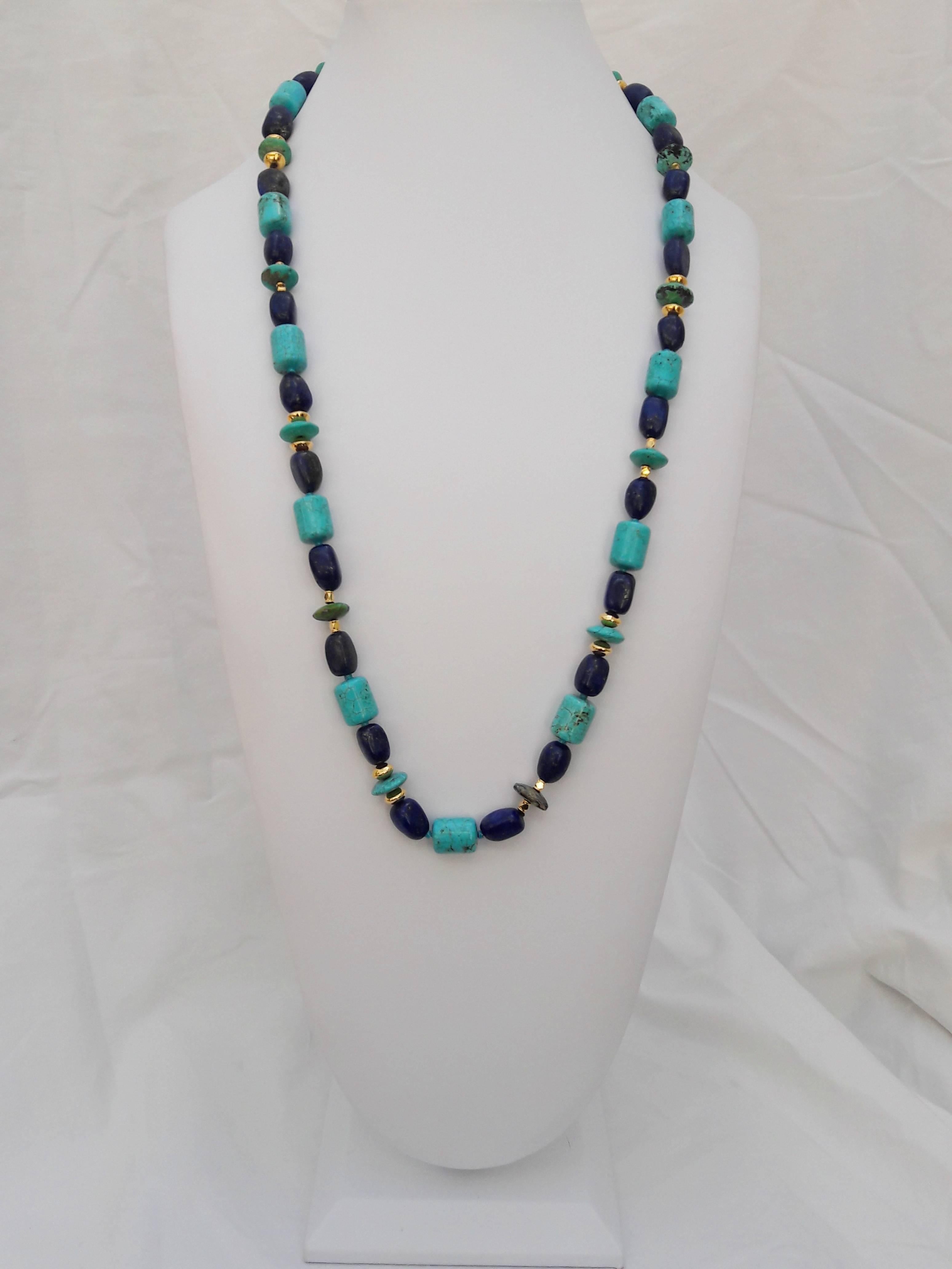 Artist Marina J. Turquoise, Lapis, Silver, Gold, Long Lariat Necklace 'Magnet Clasp'
