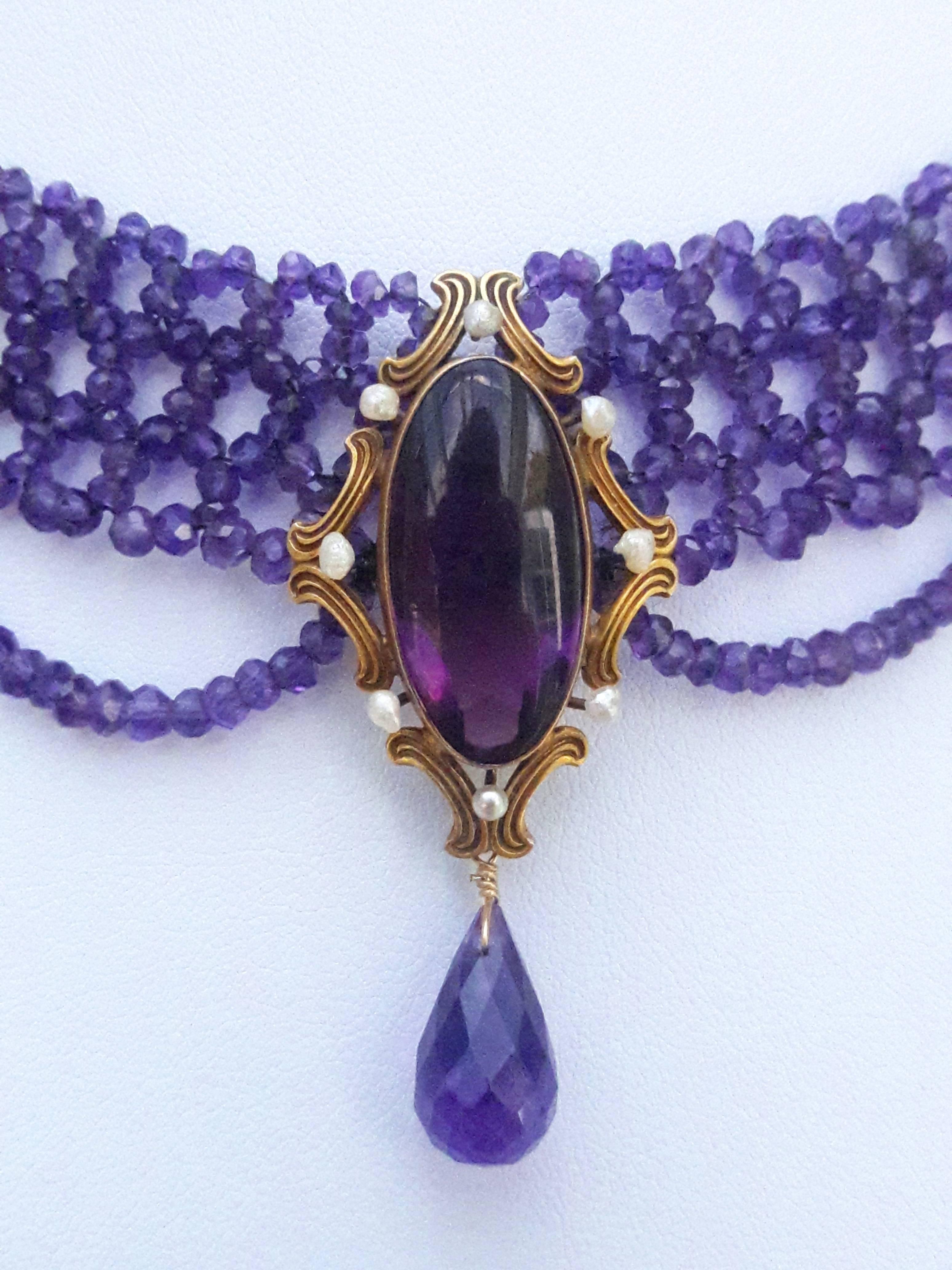 Artist Marina J. Woven Amethyst Gold Centerpiece Drape Necklace