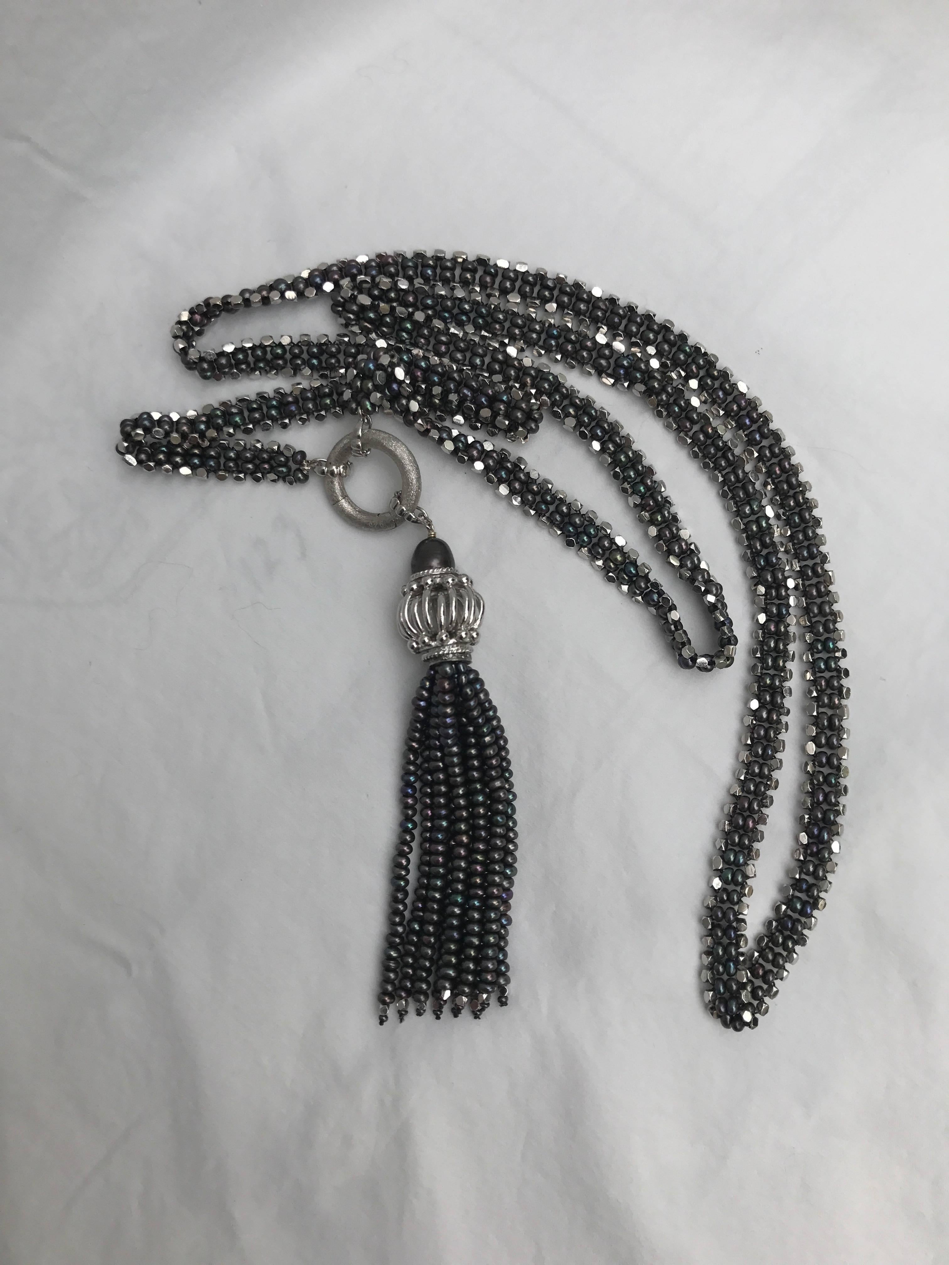 Marina J Sautoir Black Pearl Sterling Silver Beads and Black Pearl Silver Tussle 3