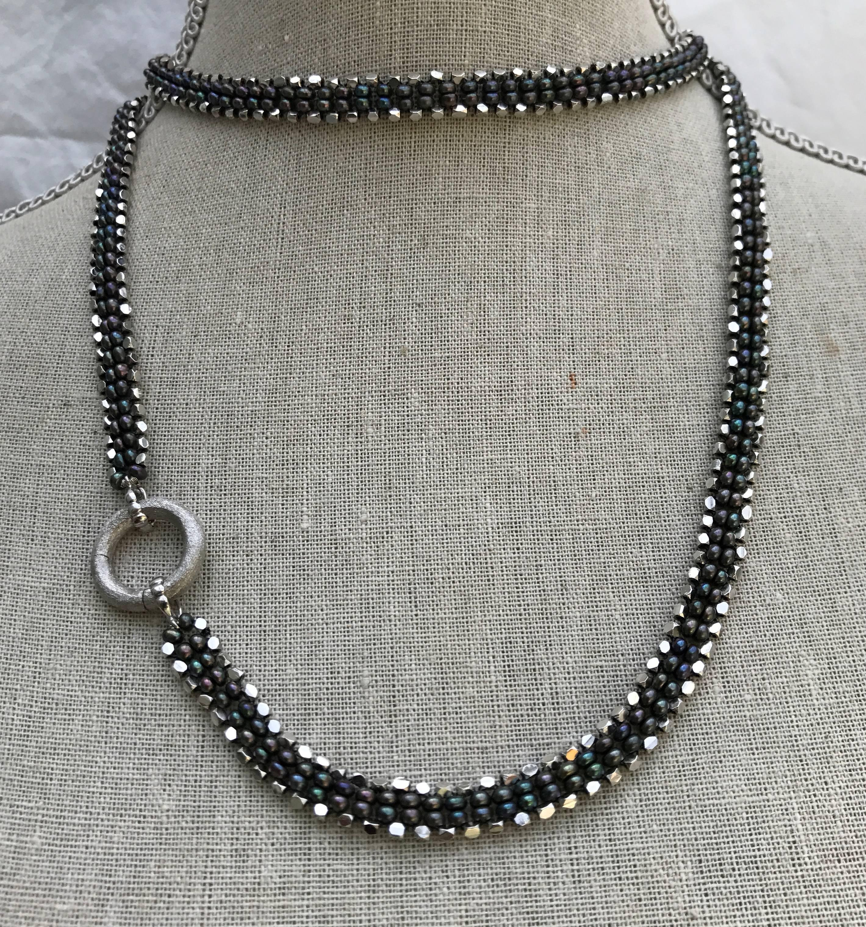 Marina J Sautoir Black Pearl Sterling Silver Beads and Black Pearl Silver Tussle 2