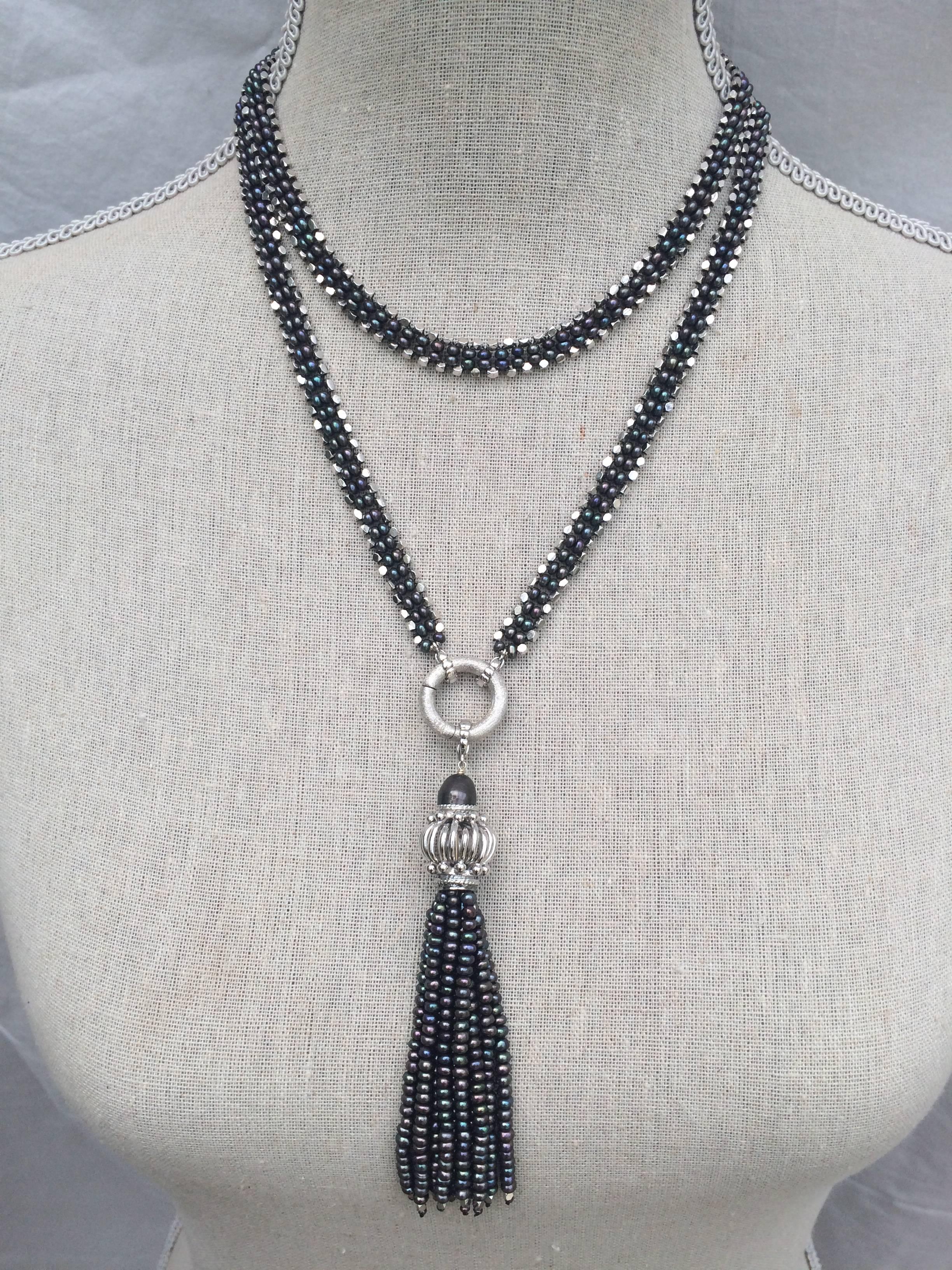 Artisan Marina J Sautoir Black Pearl Sterling Silver Beads and Black Pearl Silver Tussle