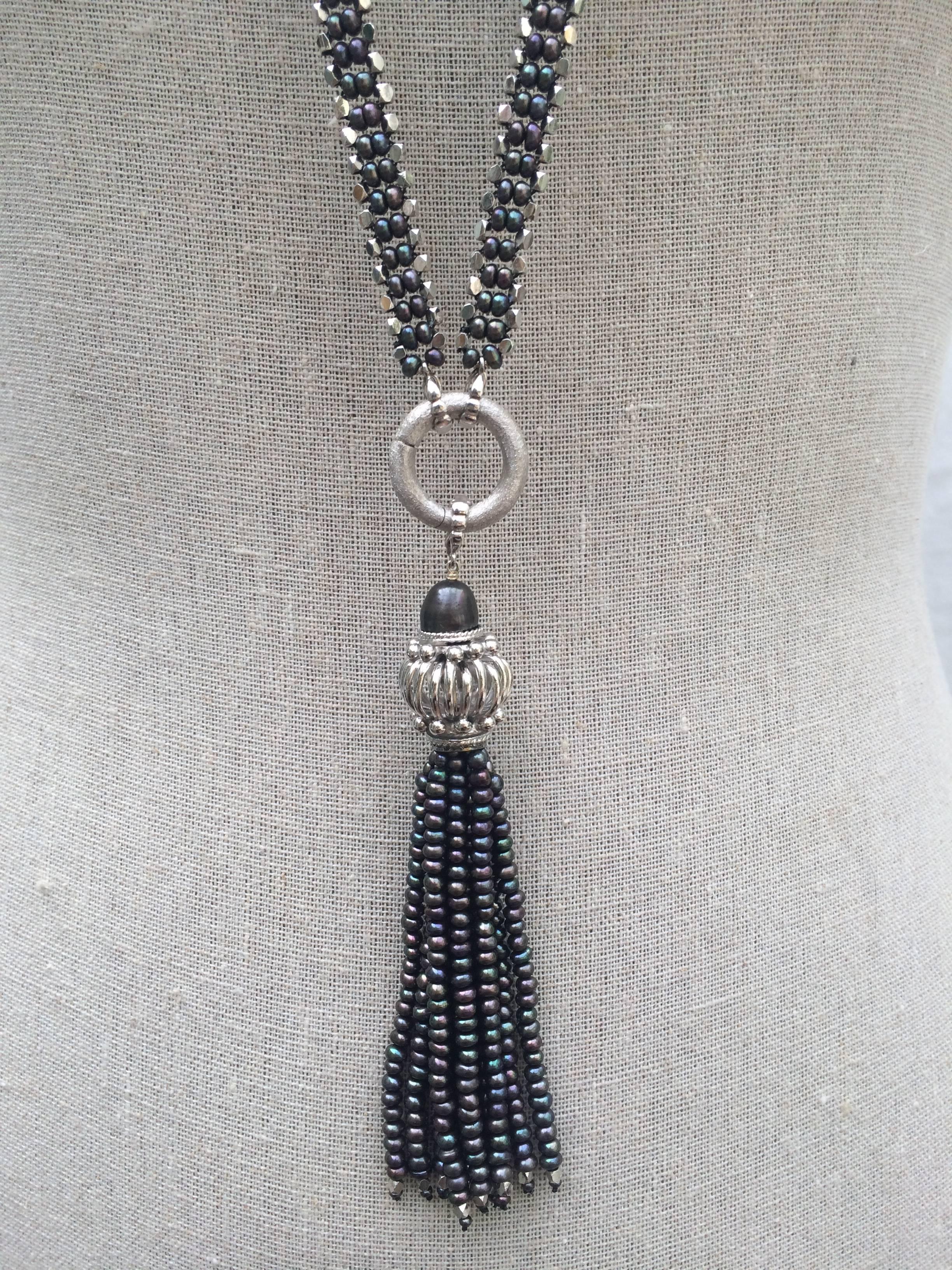 Marina J Sautoir Black Pearl Sterling Silver Beads and Black Pearl Silver Tussle In New Condition In Los Angeles, CA