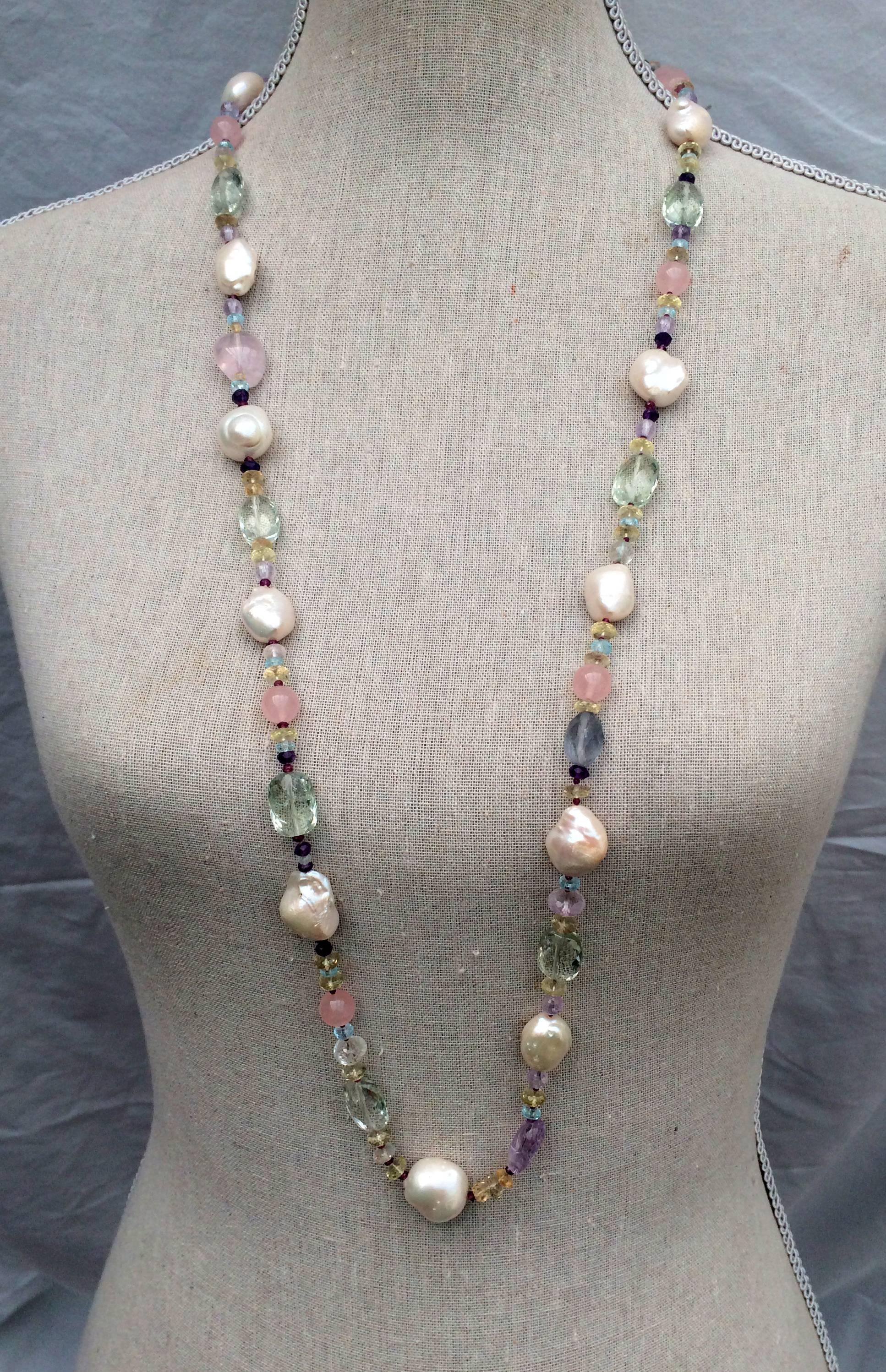 Marina J Multicolor Gems Pearls White Gold Sautoir Necklace and Tassel In New Condition In Los Angeles, CA
