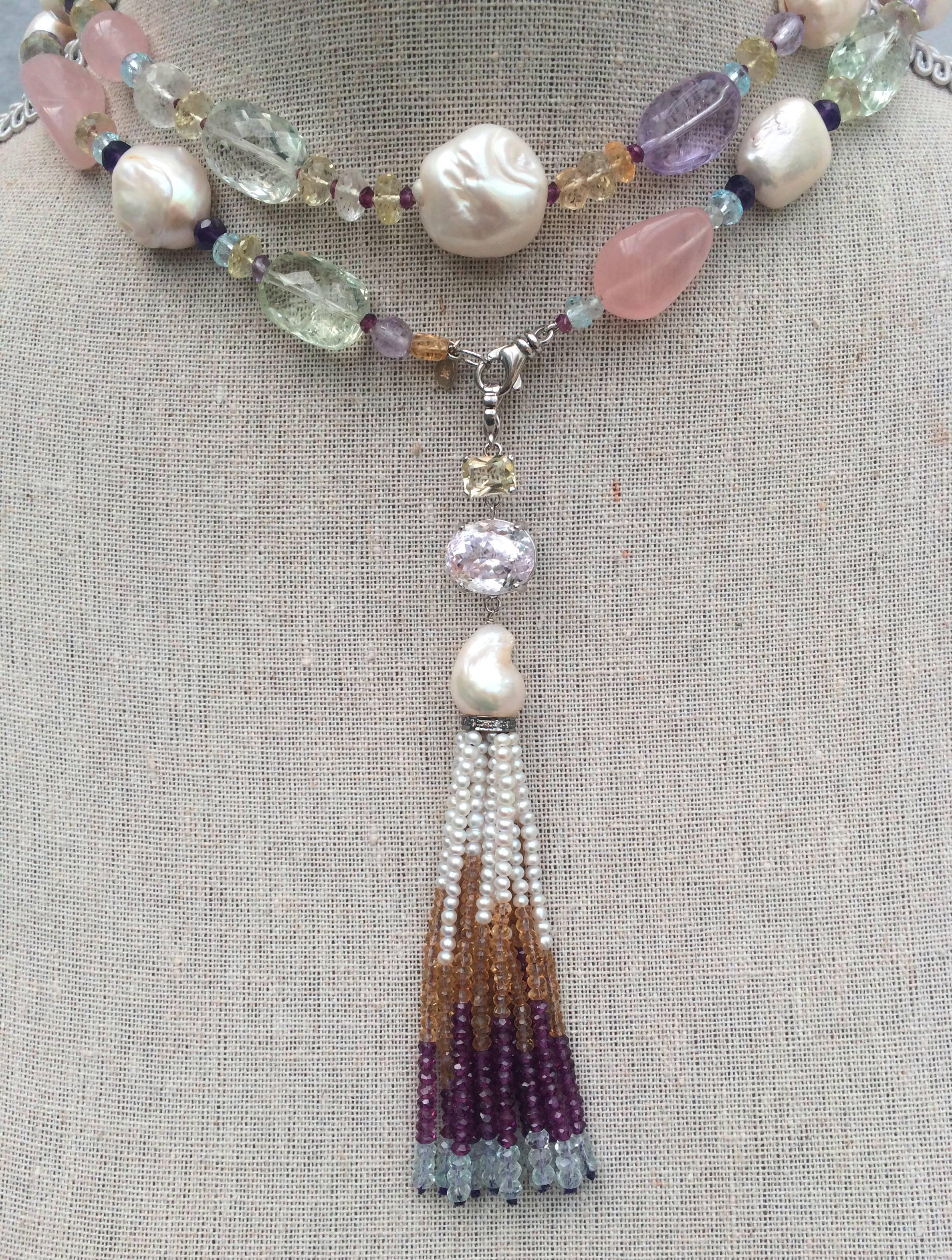 Marina J Multicolor Gems Pearls White Gold Sautoir Necklace and Tassel 1