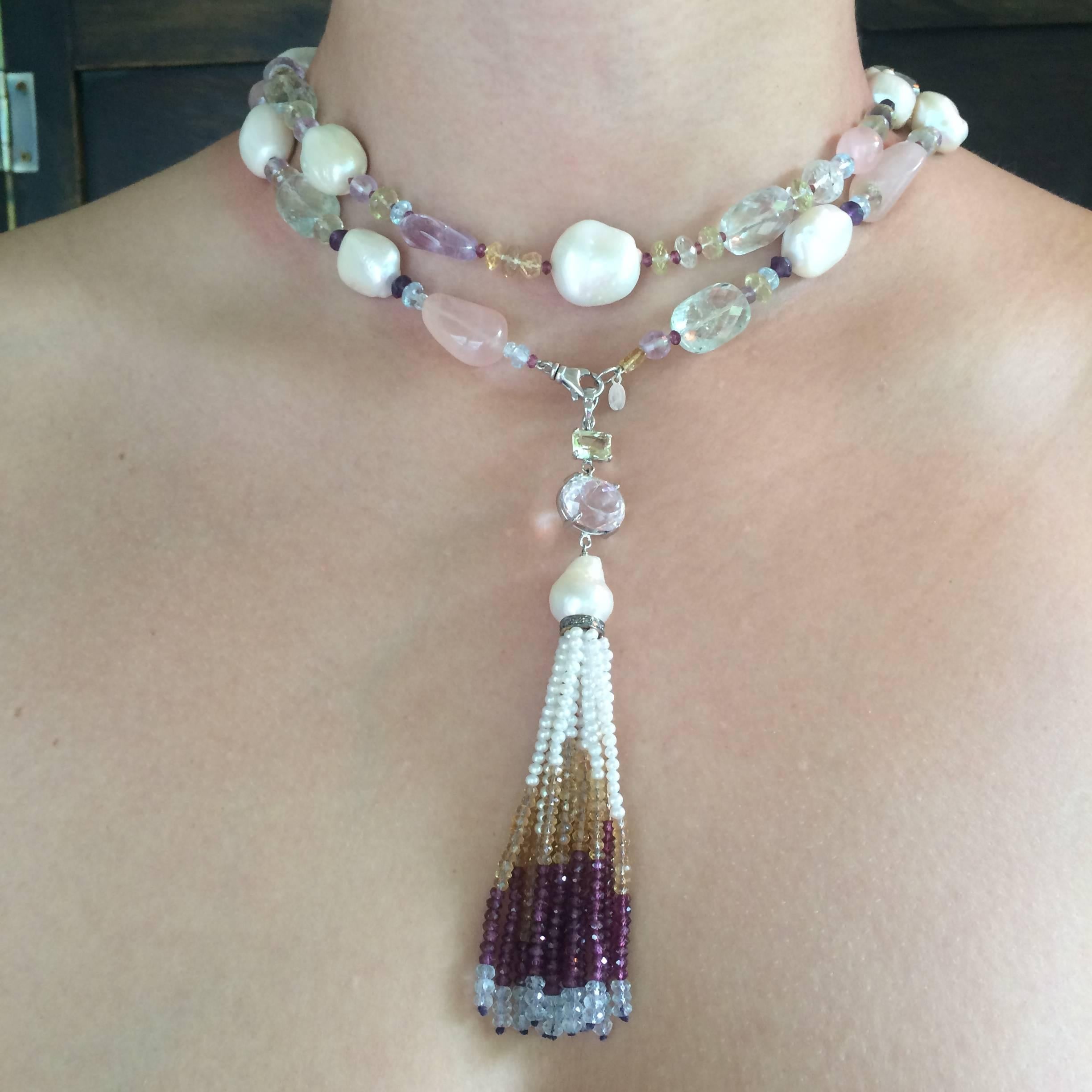 Marina J Multicolor Gems Pearls White Gold Sautoir Necklace and Tassel 3