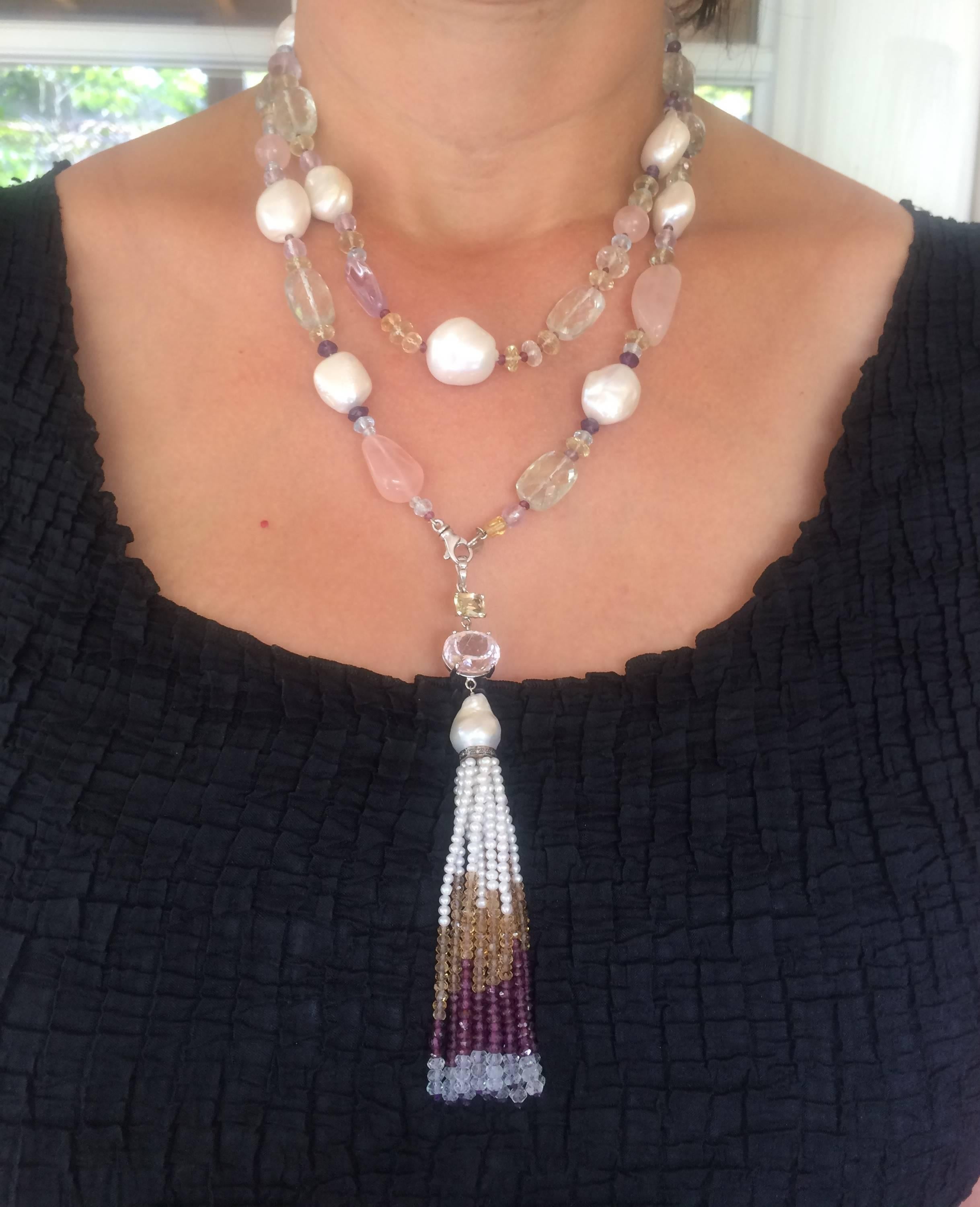 Marina J Multicolor Gems Pearls White Gold Sautoir Necklace and Tassel 4
