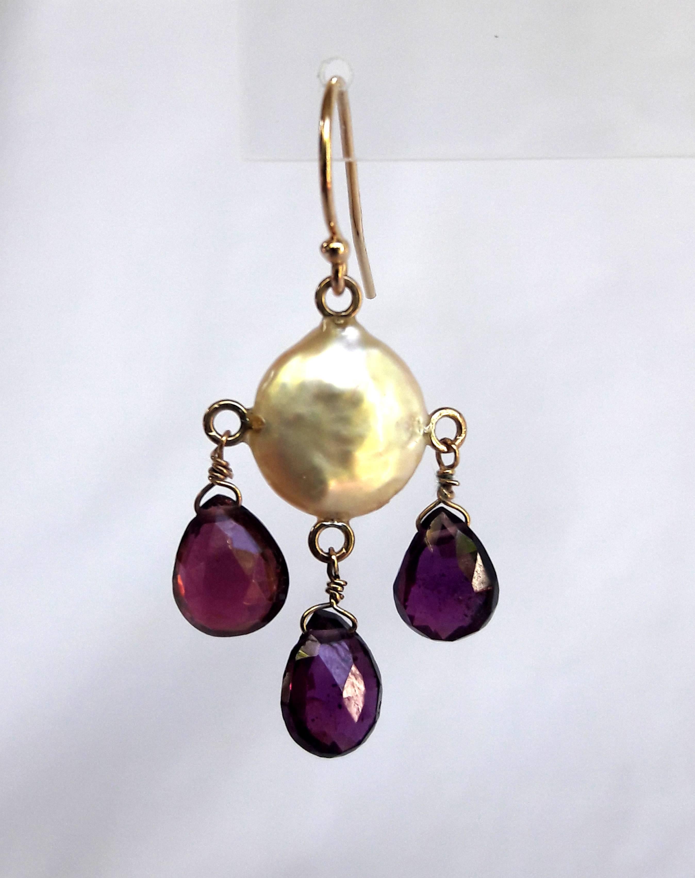 Artisan Marina J White Coin Pearl and Tourmaline Teardrop with 14K Yellow Gold Earrings