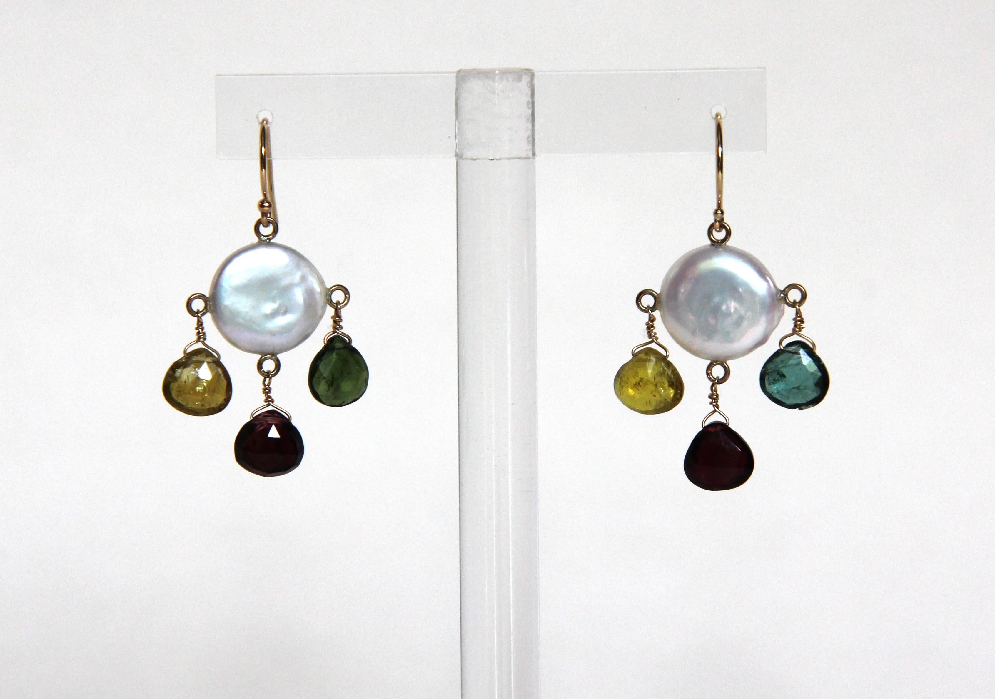 Marina J Multicolor Tourmaline Briolettes, Pearls and 14 k Yellow Gold  Earrings In New Condition For Sale In Los Angeles, CA