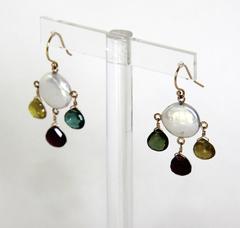 Marina J Multicolor Tourmaline Briolettes, Pearls and 14 k Yellow Gold  Earrings